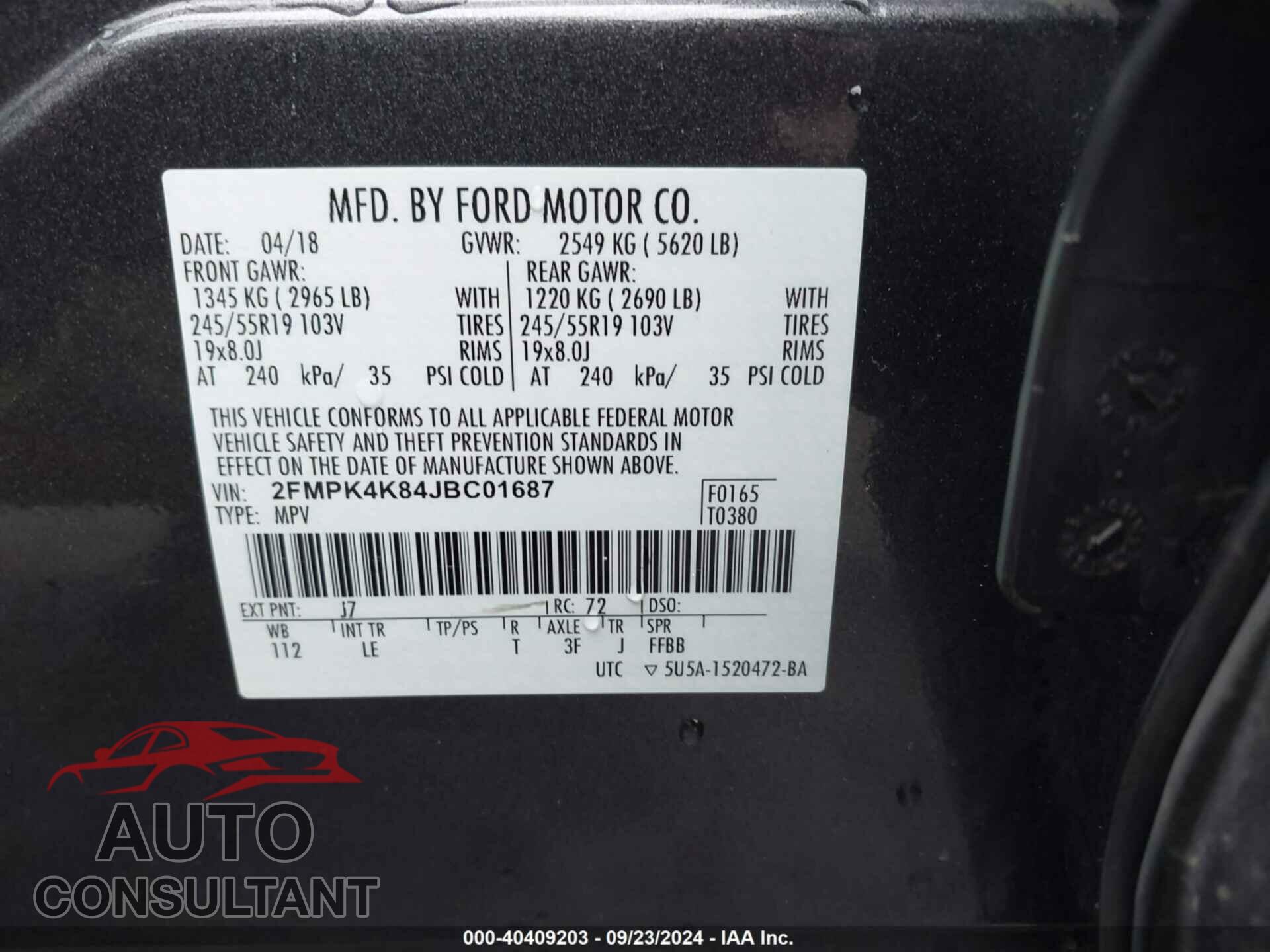 FORD EDGE 2018 - 2FMPK4K84JBC01687