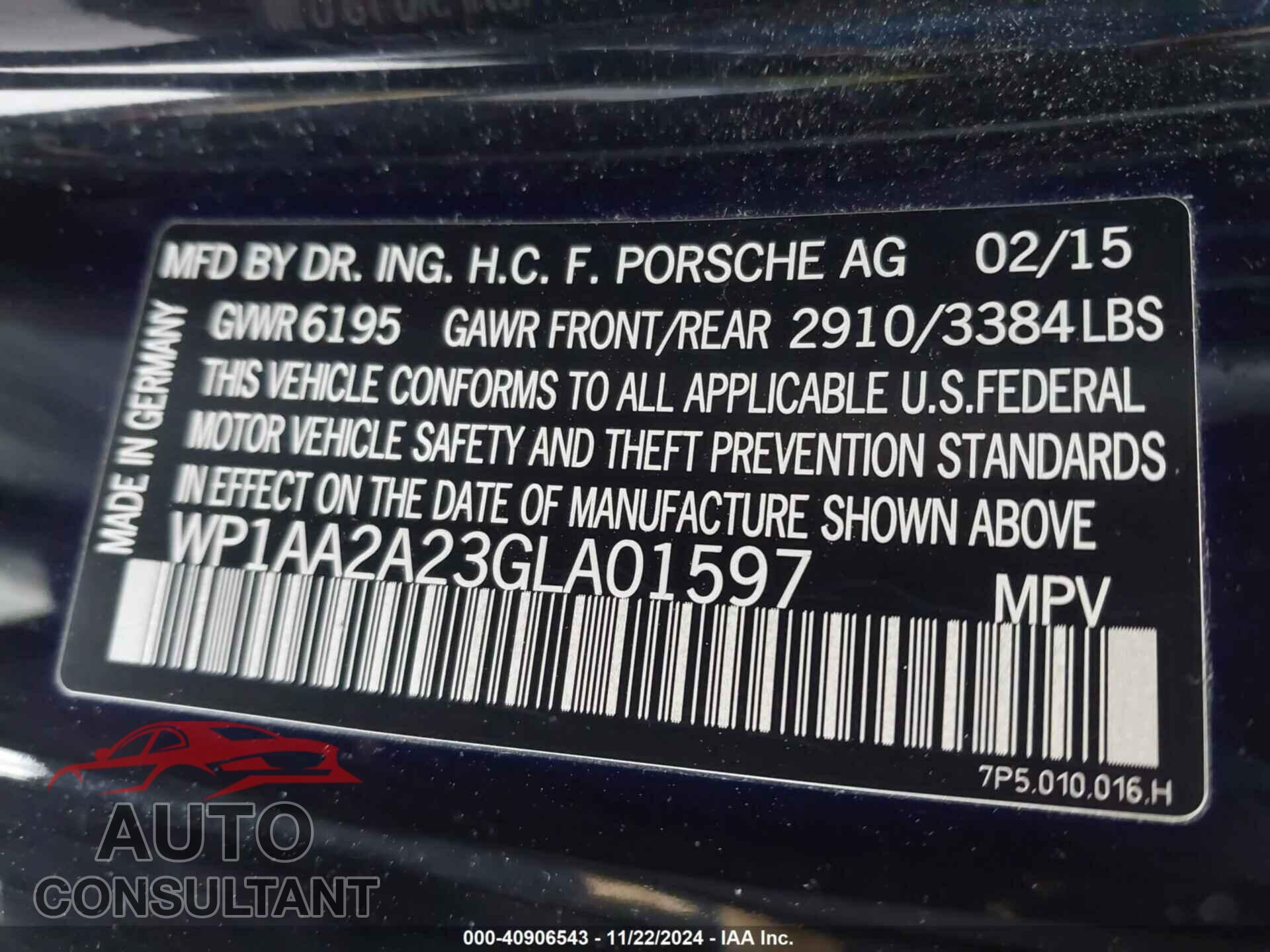 PORSCHE CAYENNE 2016 - WP1AA2A23GLA01597