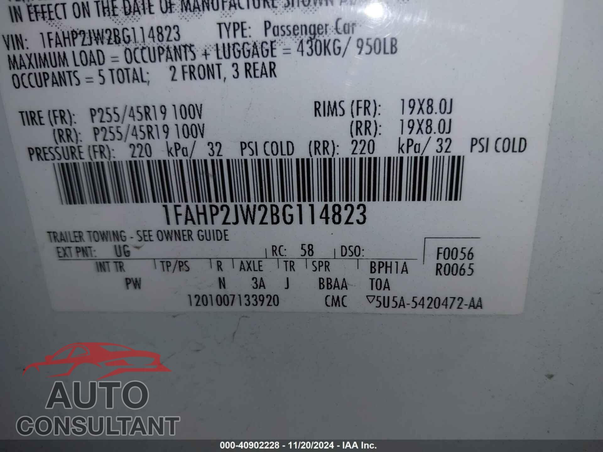 FORD TAURUS 2011 - 1FAHP2JW2BG114823