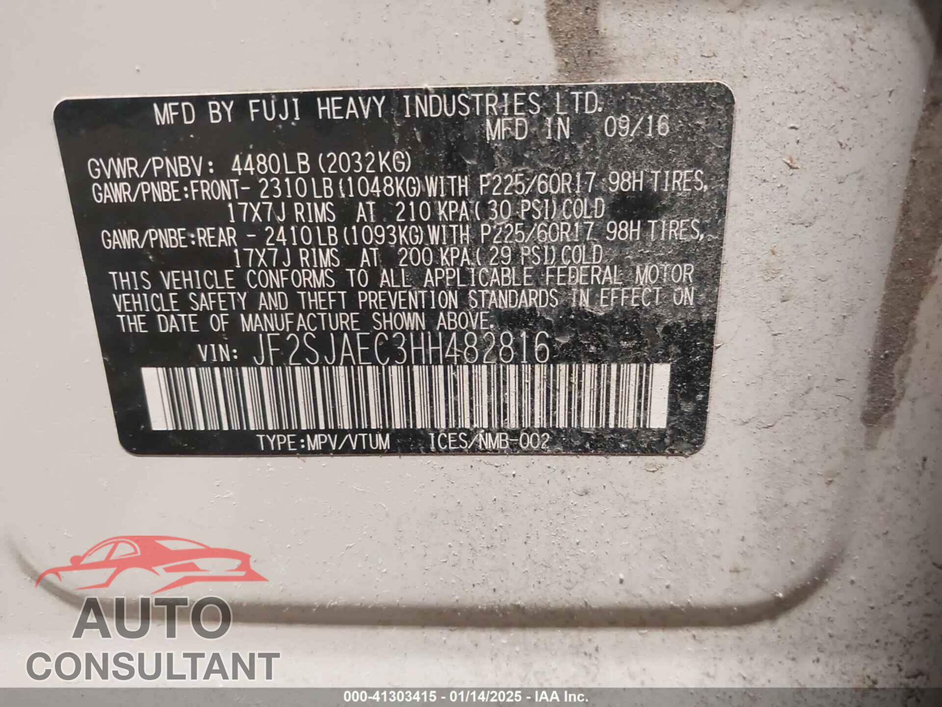 SUBARU FORESTER 2017 - JF2SJAEC3HH482816