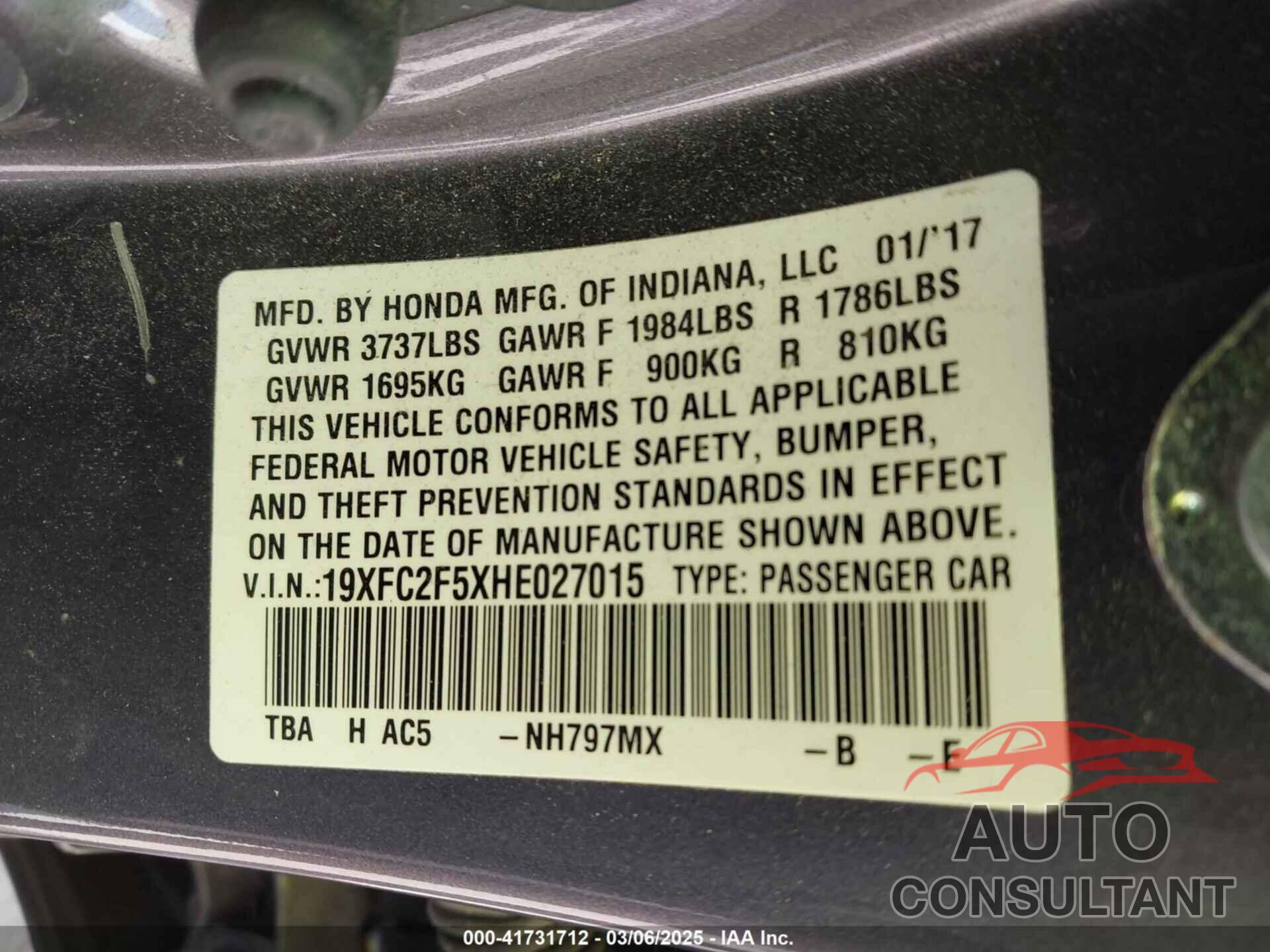 HONDA CIVIC 2017 - 19XFC2F5XHE027015