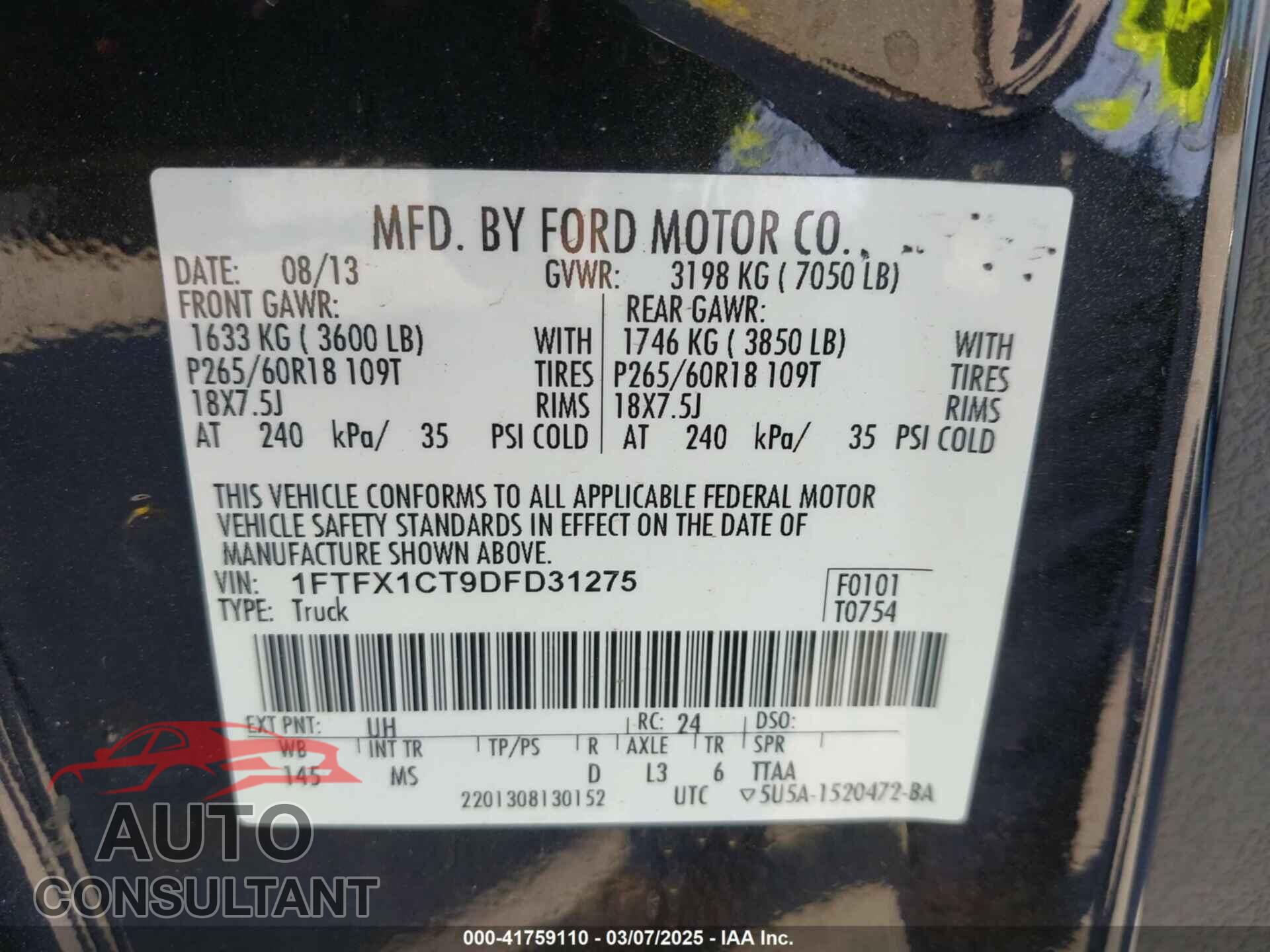 FORD F-150 2013 - 1FTFX1CT9DFD31275