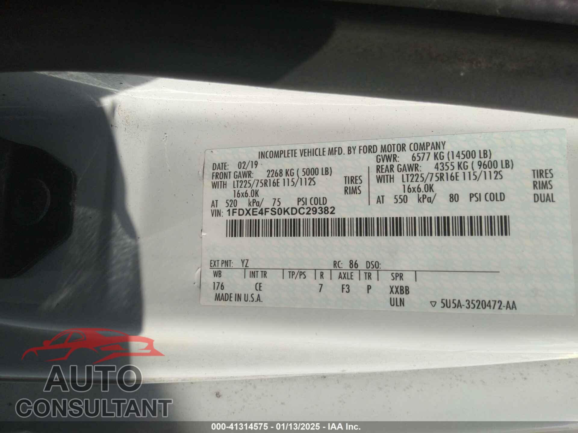 FORD E-450 CUTAWAY 2019 - 1FDXE4FS0KDC29382