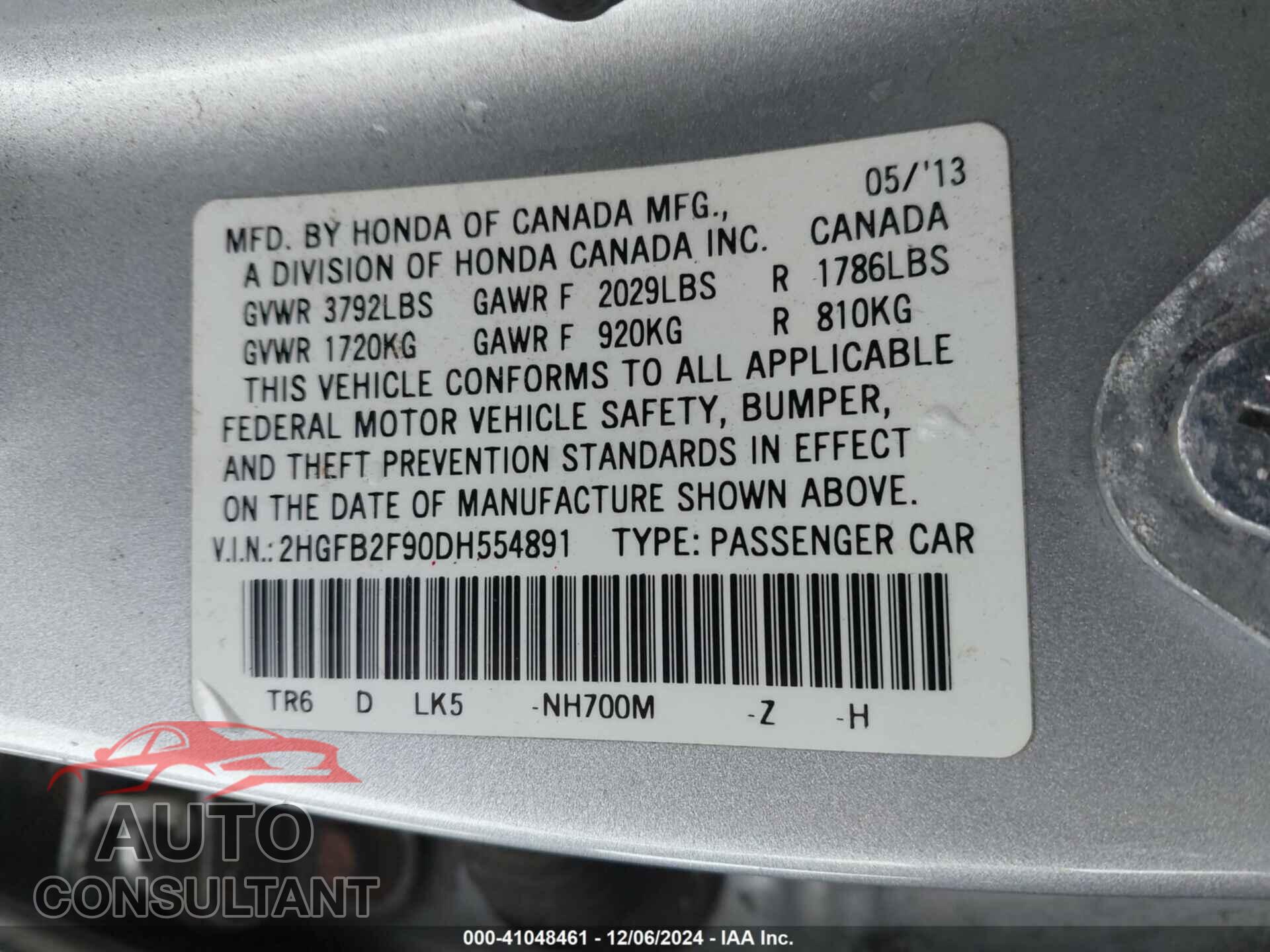 HONDA CIVIC 2013 - 2HGFB2F90DH554891