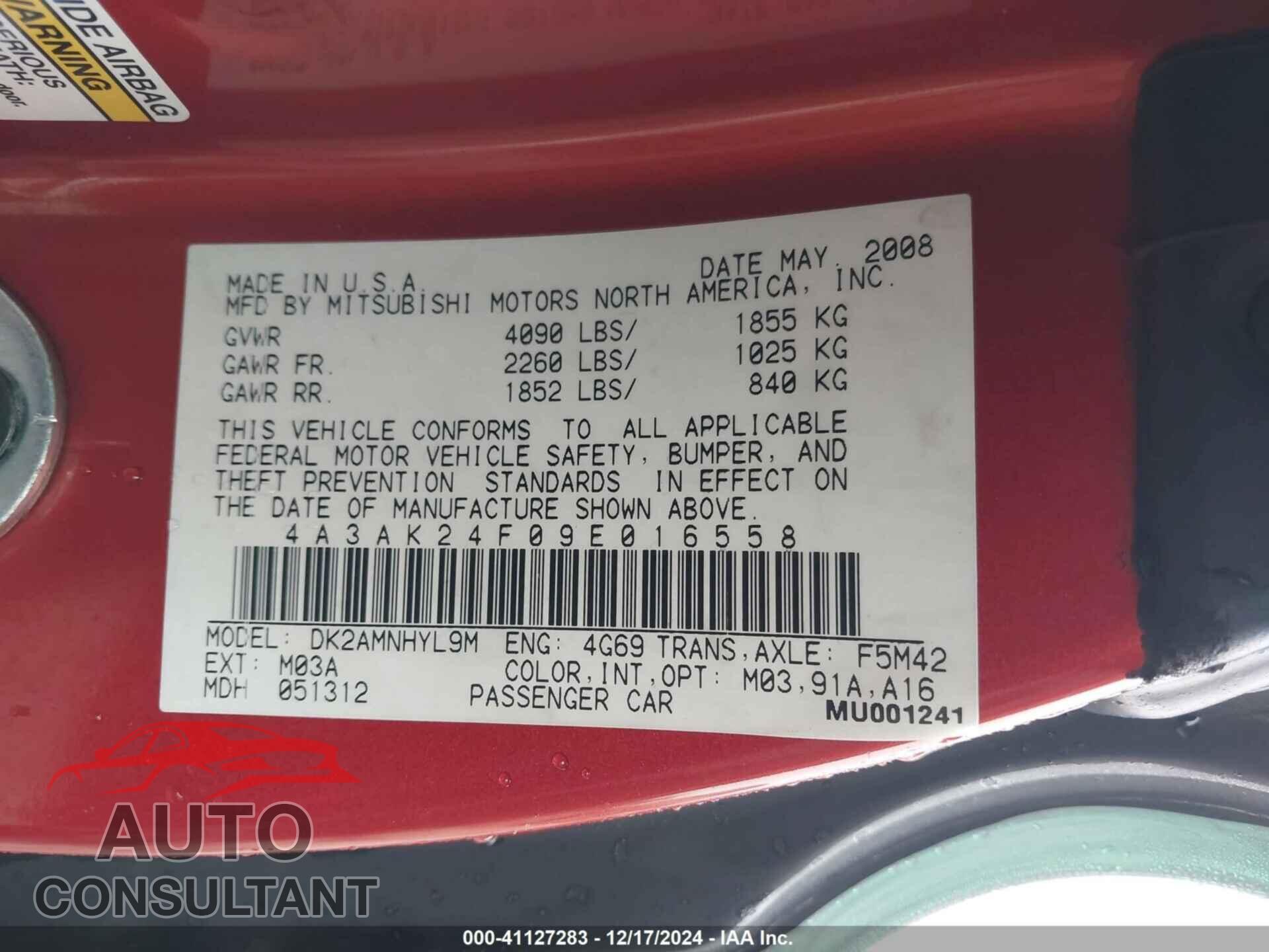 MITSUBISHI ECLIPSE 2009 - 4A3AK24F09E016558