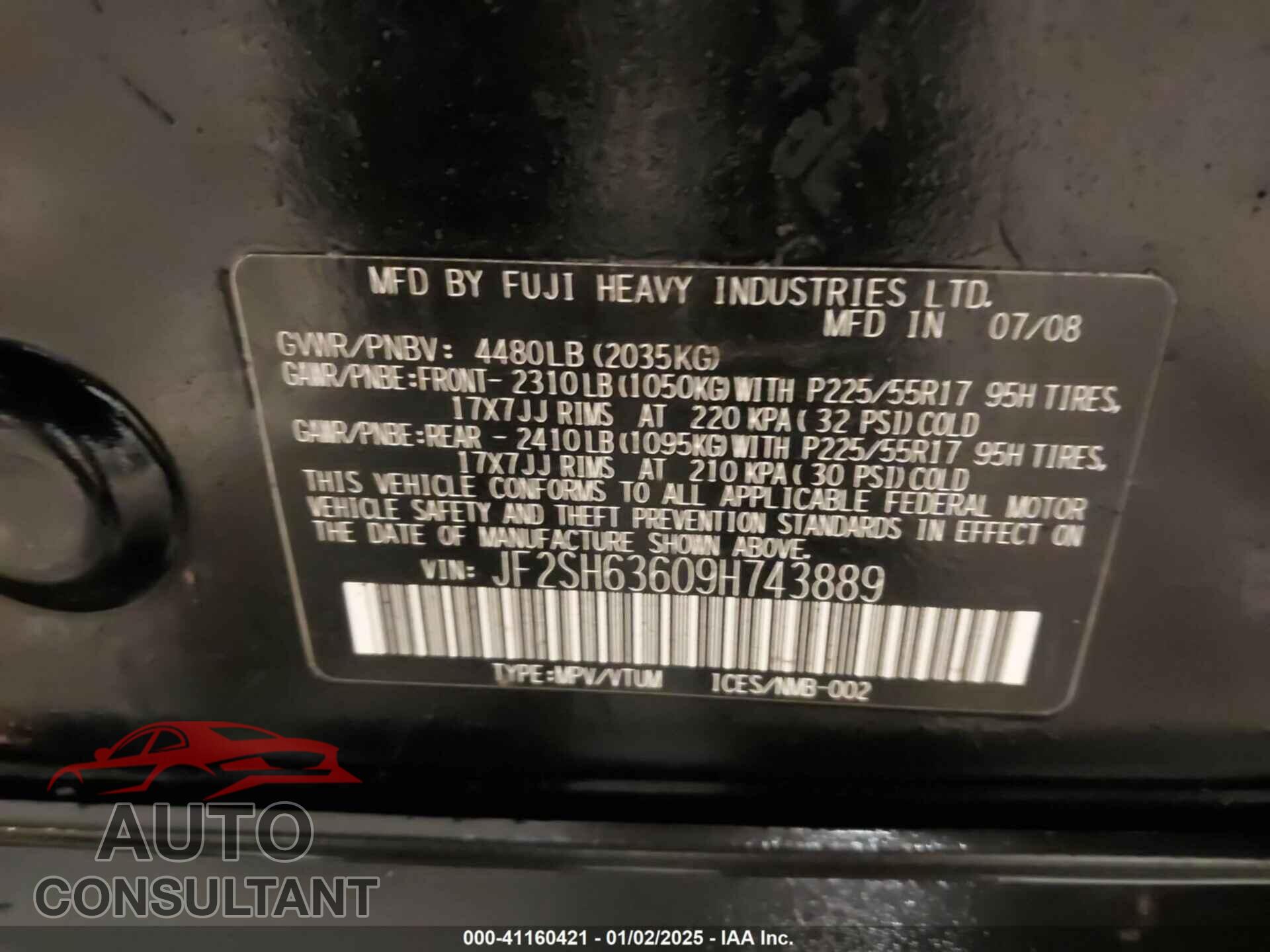 SUBARU FORESTER 2009 - JF2SH63609H743889