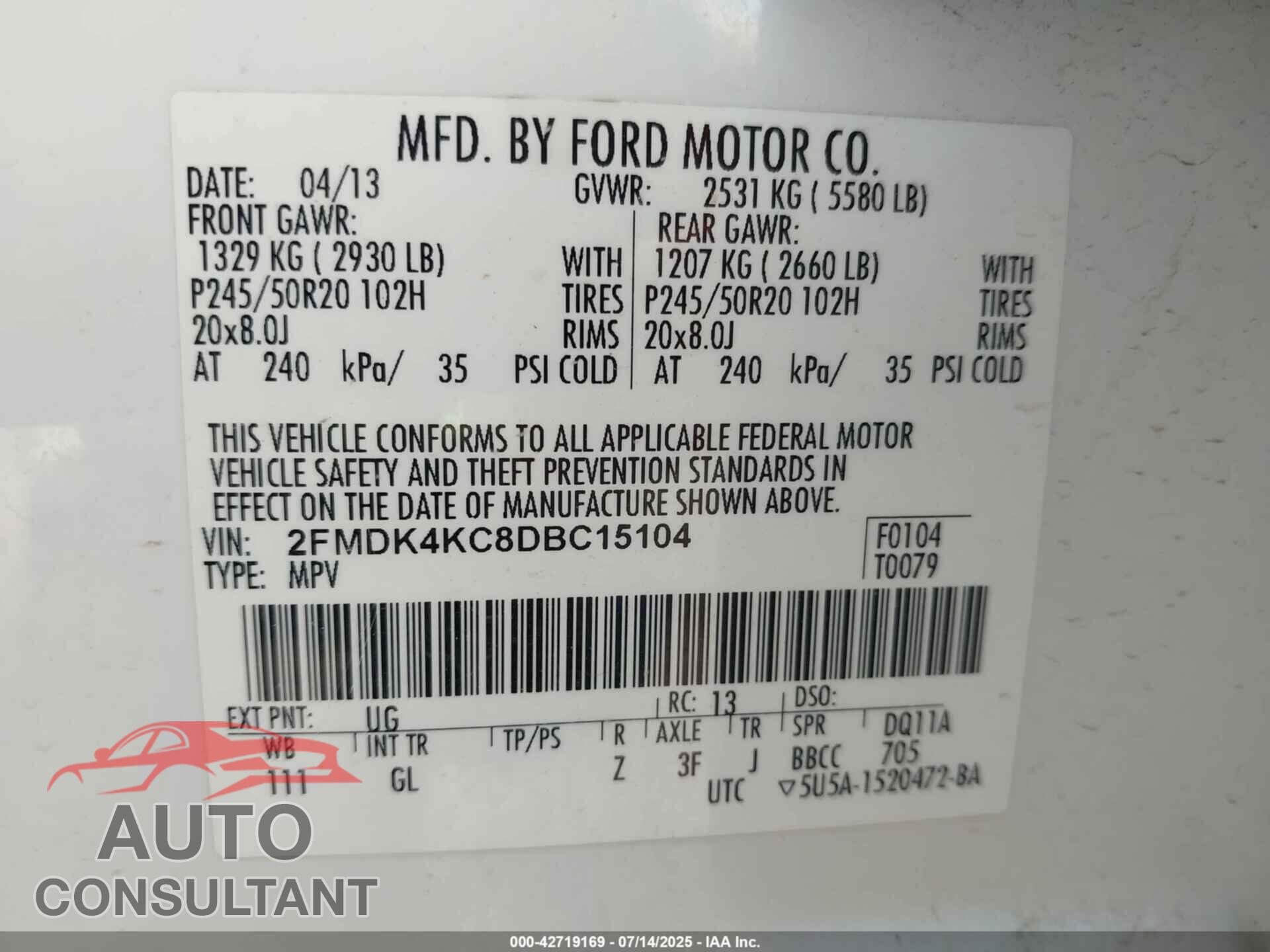 FORD EDGE 2013 - 2FMDK4KC8DBC15104