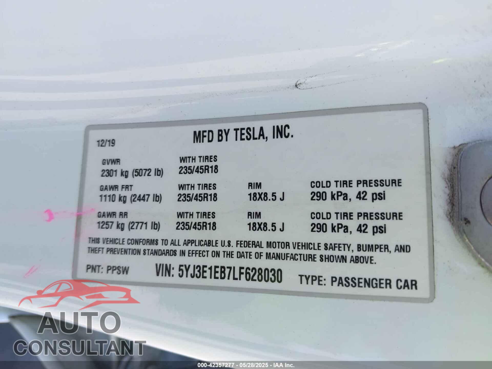 TESLA MODEL 3 2020 - 5YJ3E1EB7LF628030