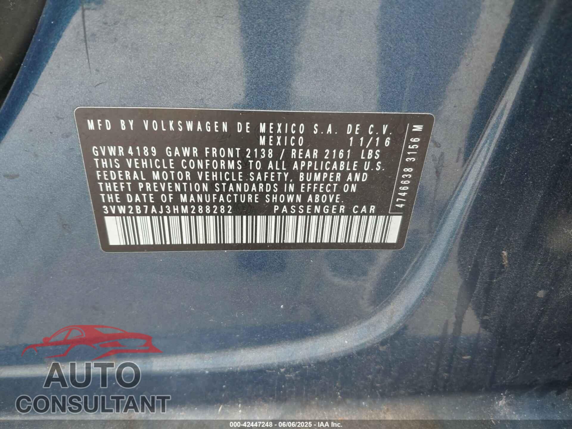 VOLKSWAGEN JETTA 2017 - 3VW2B7AJ3HM288282