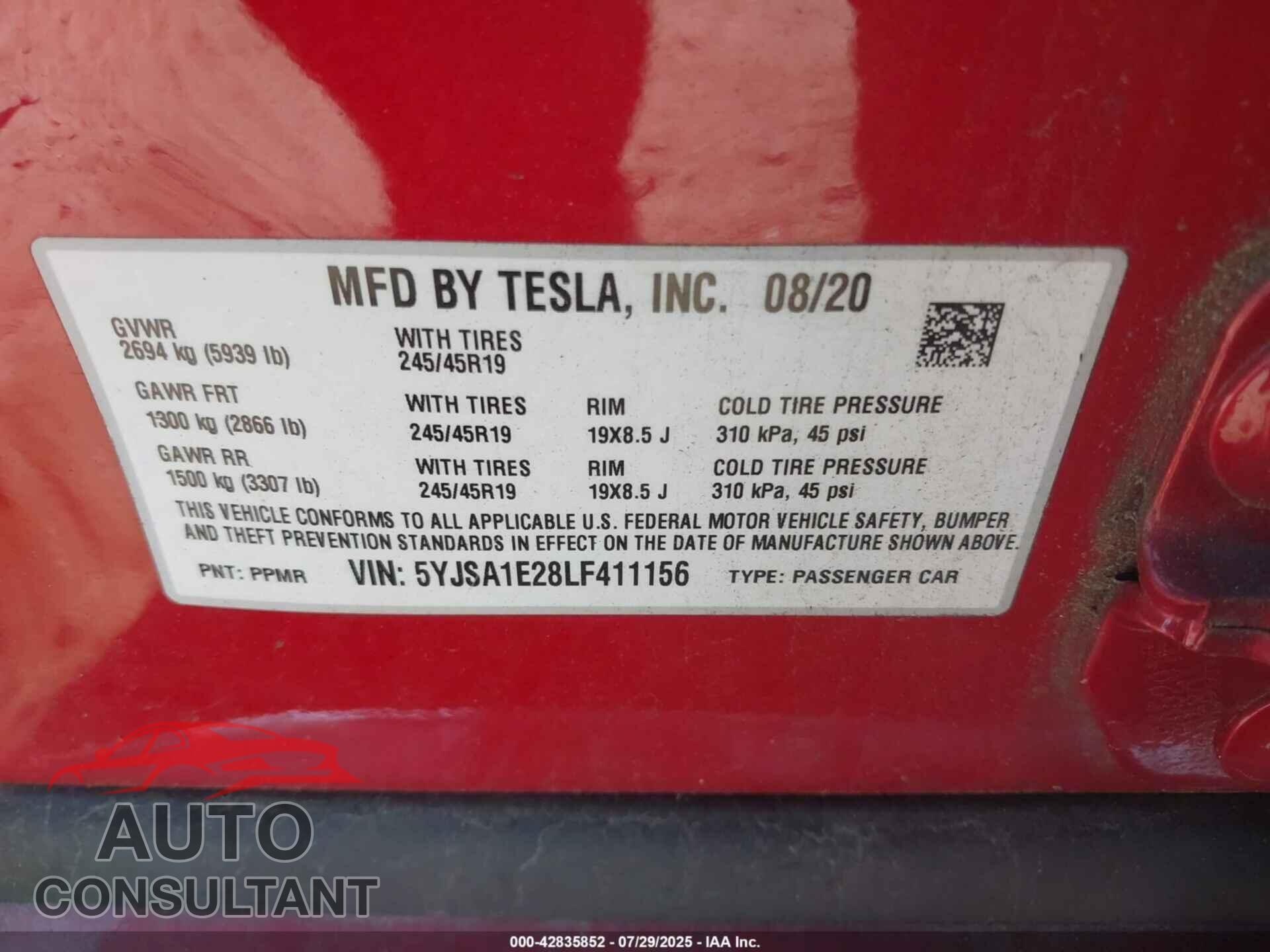 TESLA MODEL S 2020 - 5YJSA1E28LF411156