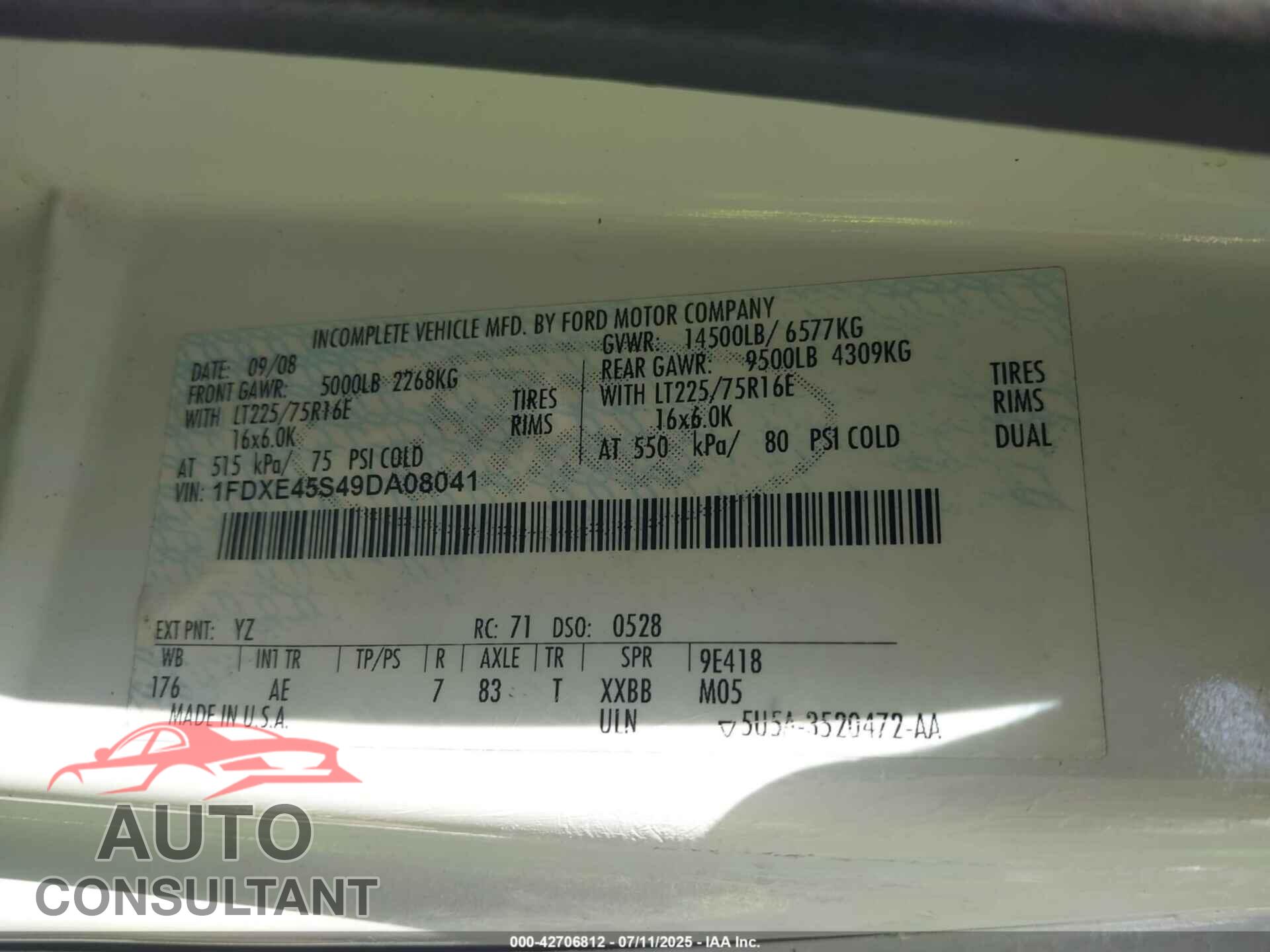 FORD E-450 CUTAWAY 2009 - 1FDXE45S49DA08041