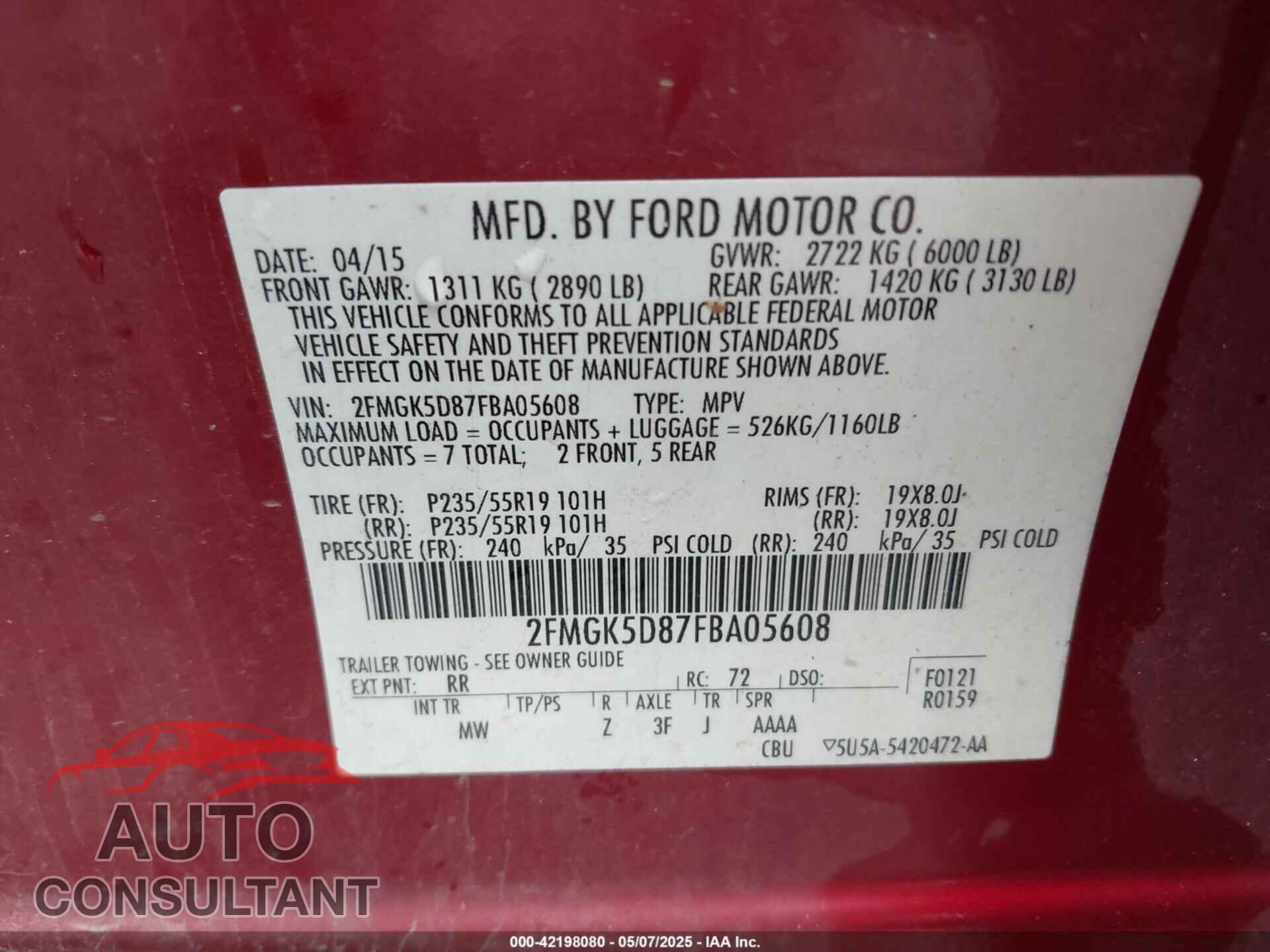 FORD FLEX 2015 - 2FMGK5D87FBA05608