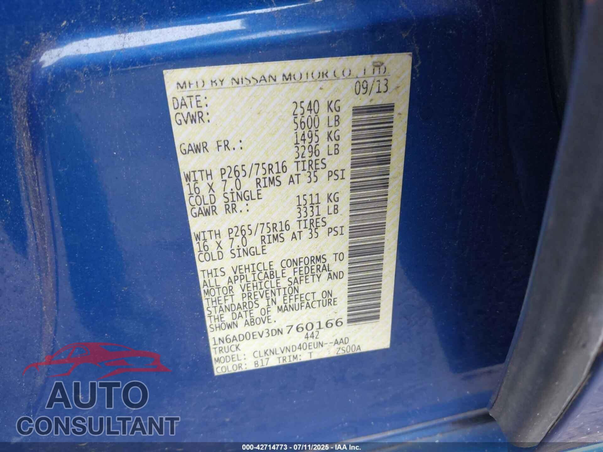 NISSAN FRONTIER 2013 - 1N6AD0EV3DN760166