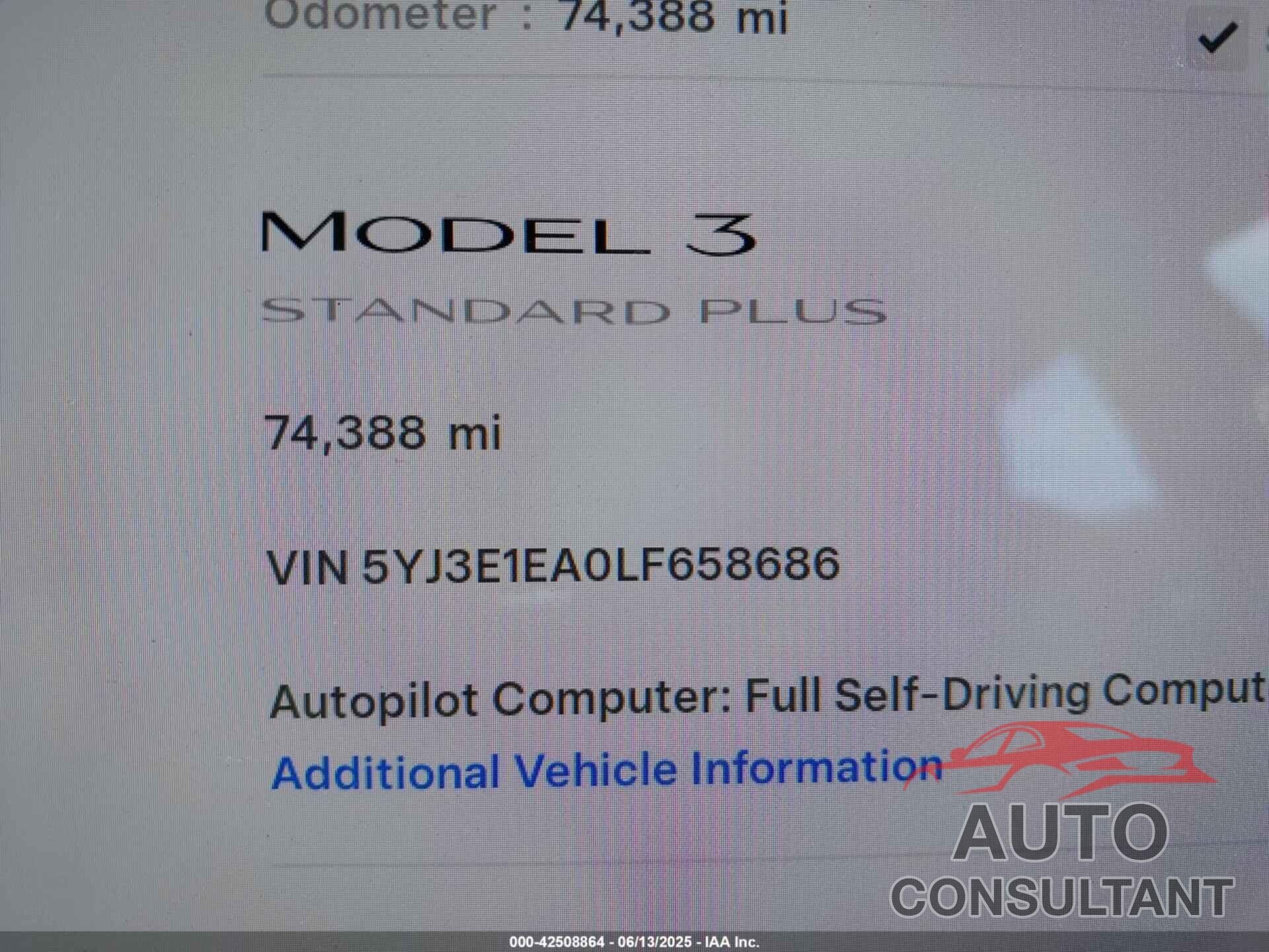 TESLA MODEL 3 2020 - 5YJ3E1EA0LF658686
