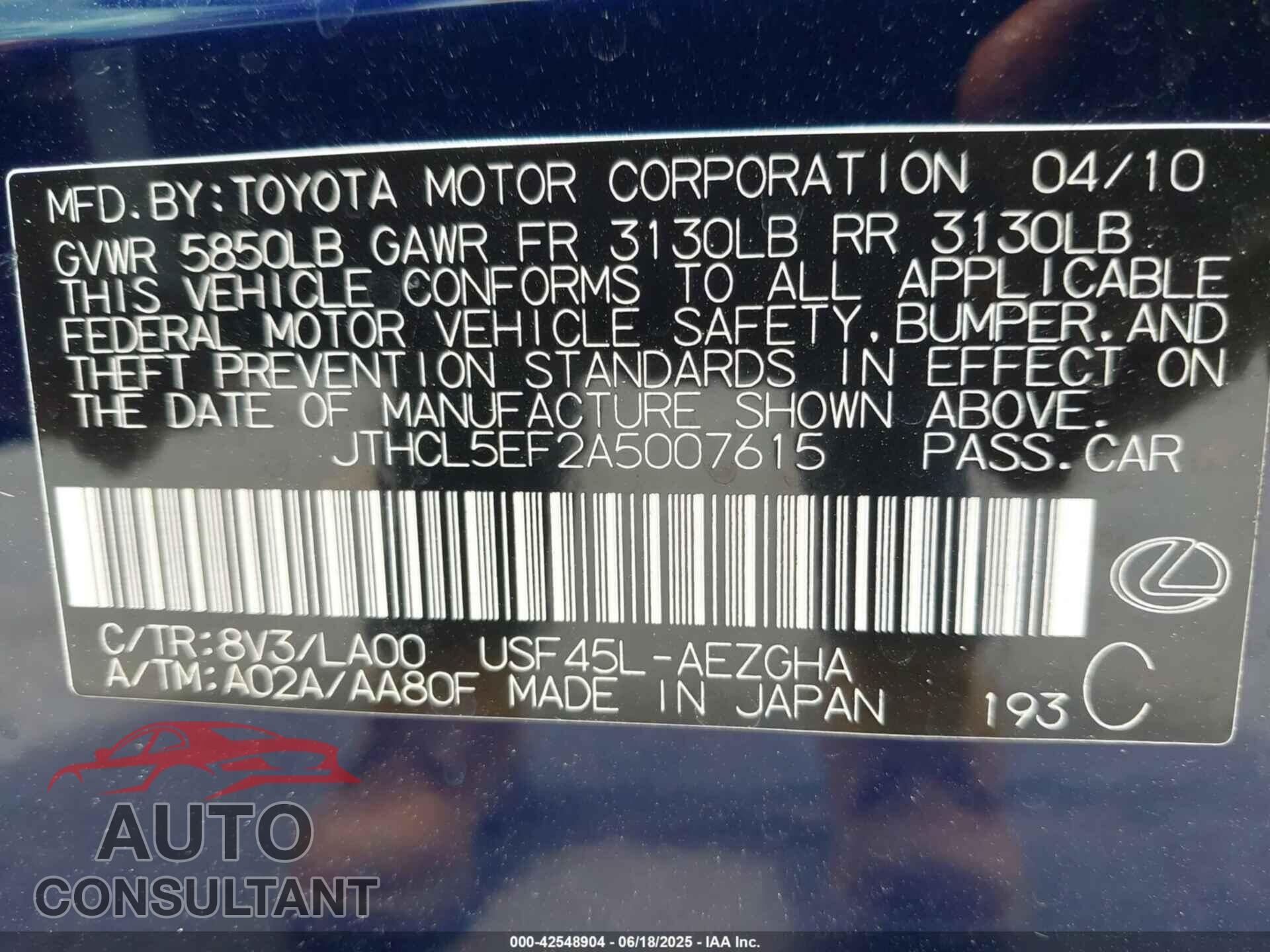 LEXUS LS 460 2010 - JTHCL5EF2A5007615
