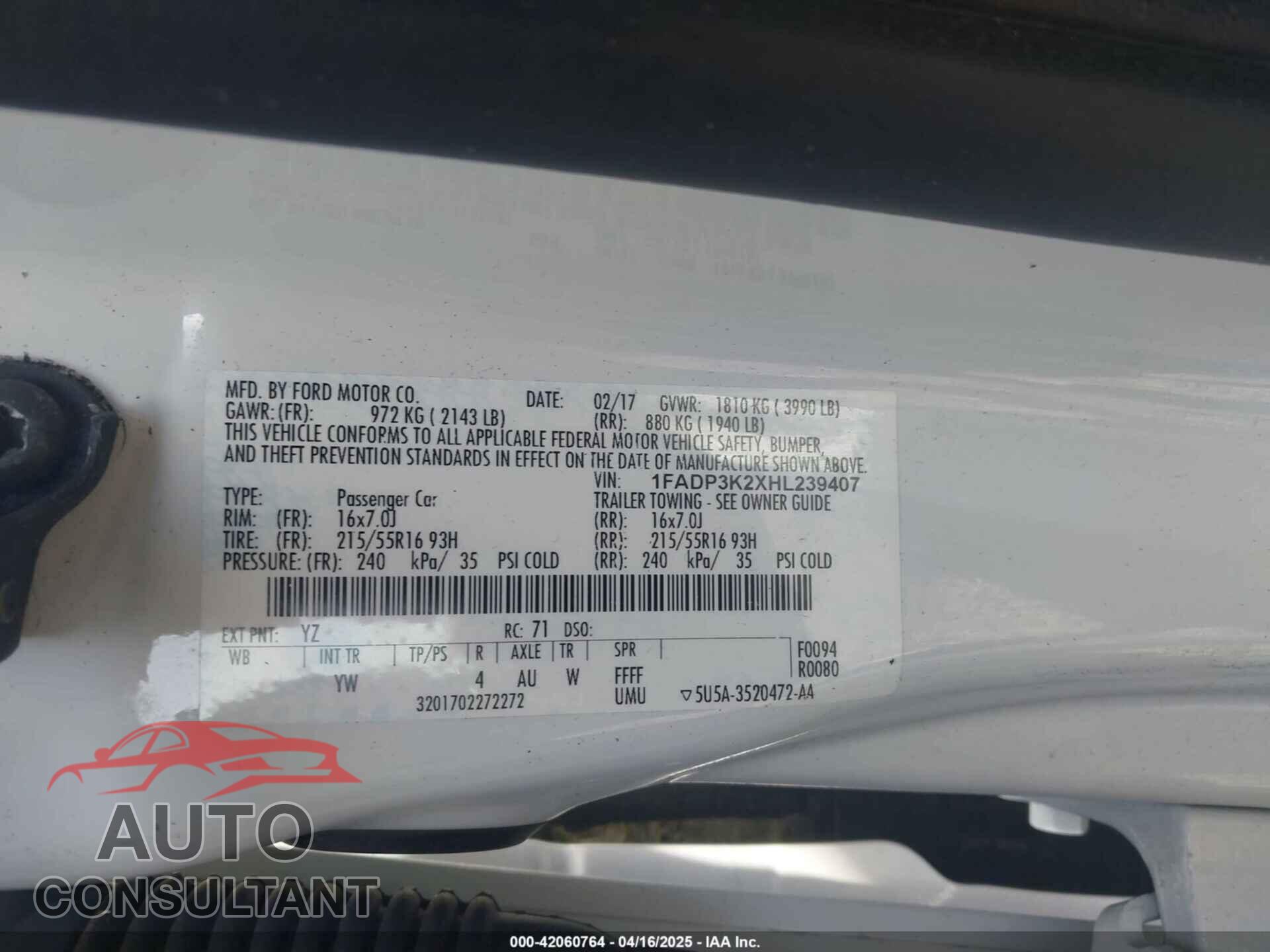 FORD FOCUS 2017 - 1FADP3K2XHL239407