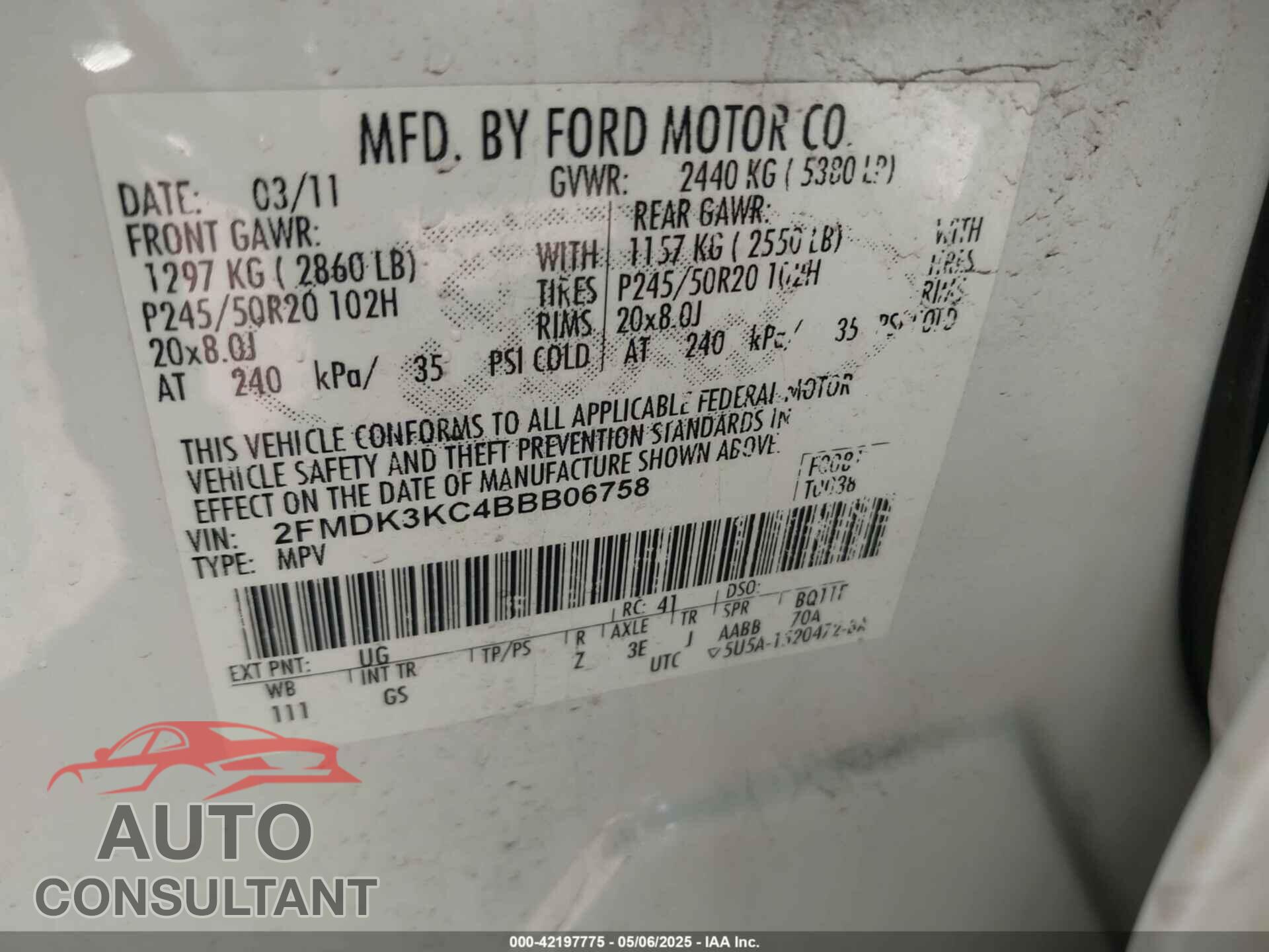 FORD EDGE 2011 - 2FMDK3KC4BBB06758