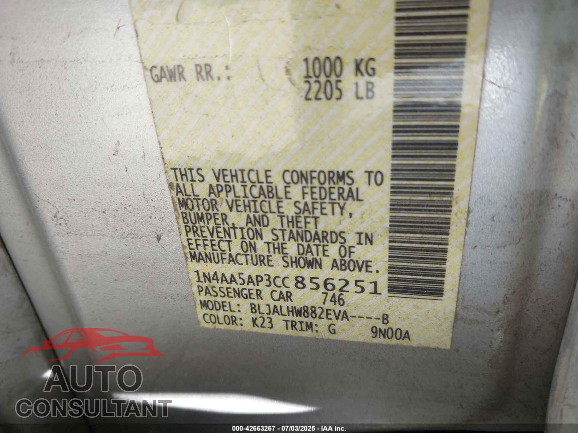 NISSAN MAXIMA 2012 - 1N4AA5AP3CC856251