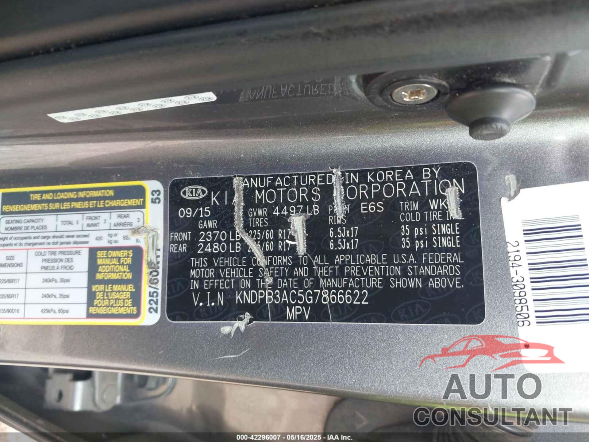 KIA SPORTAGE 2016 - KNDPB3AC5G7866622
