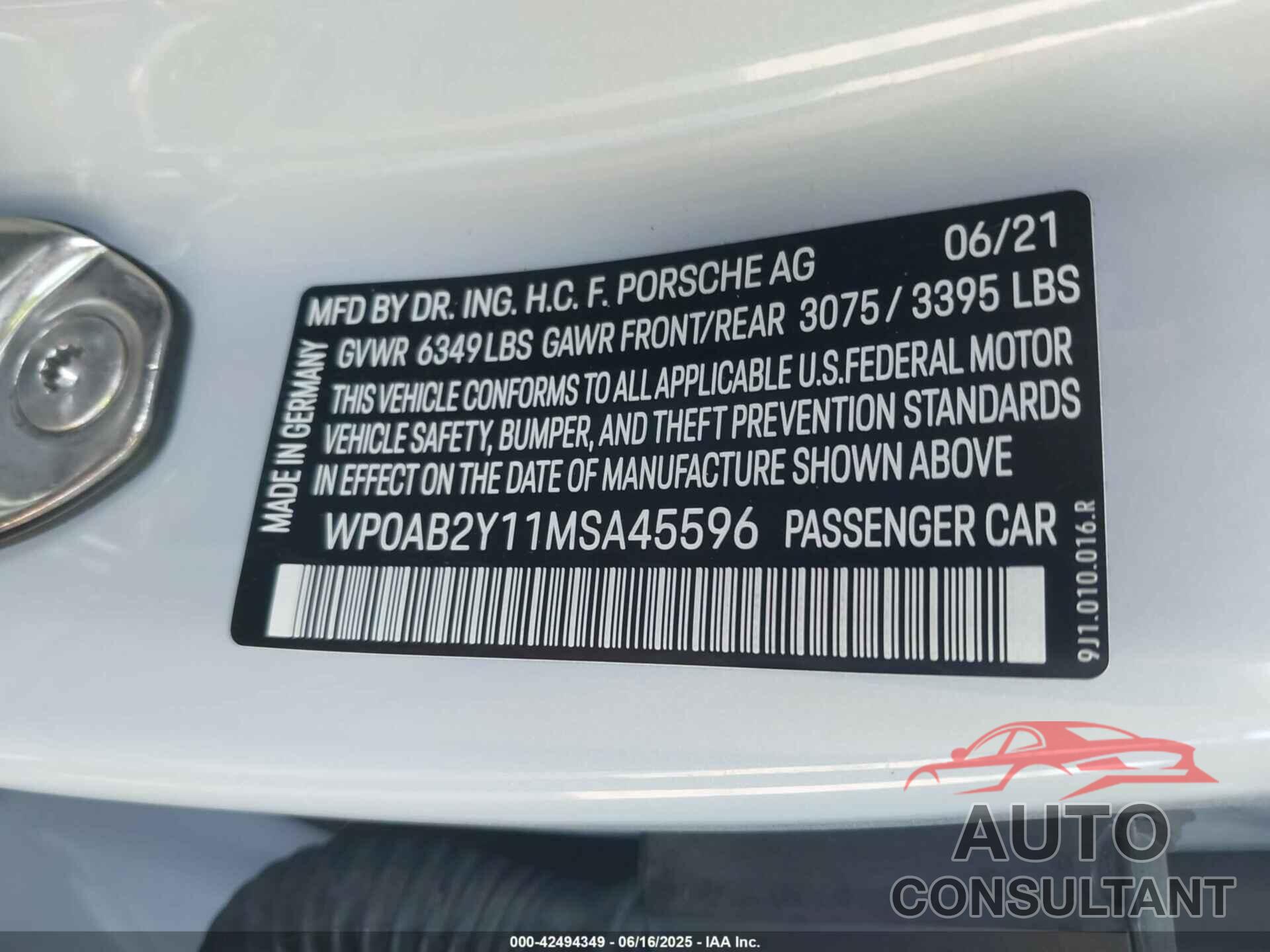 PORSCHE TAYCAN 2021 - WP0AB2Y11MSA45596