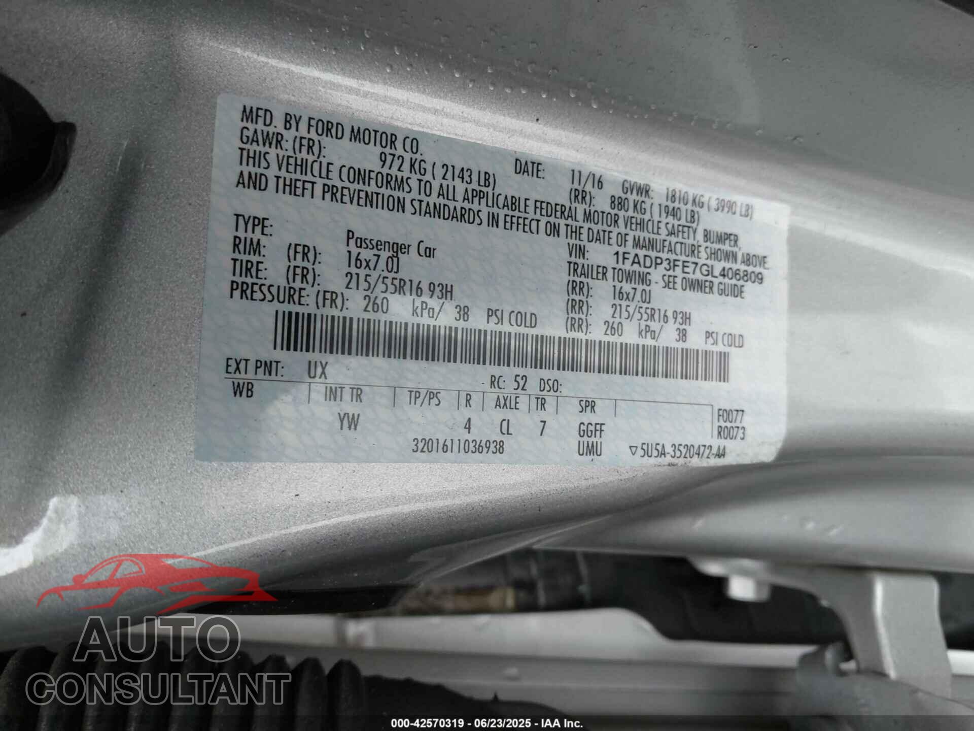 FORD FOCUS 2016 - 1FADP3FE7GL406809
