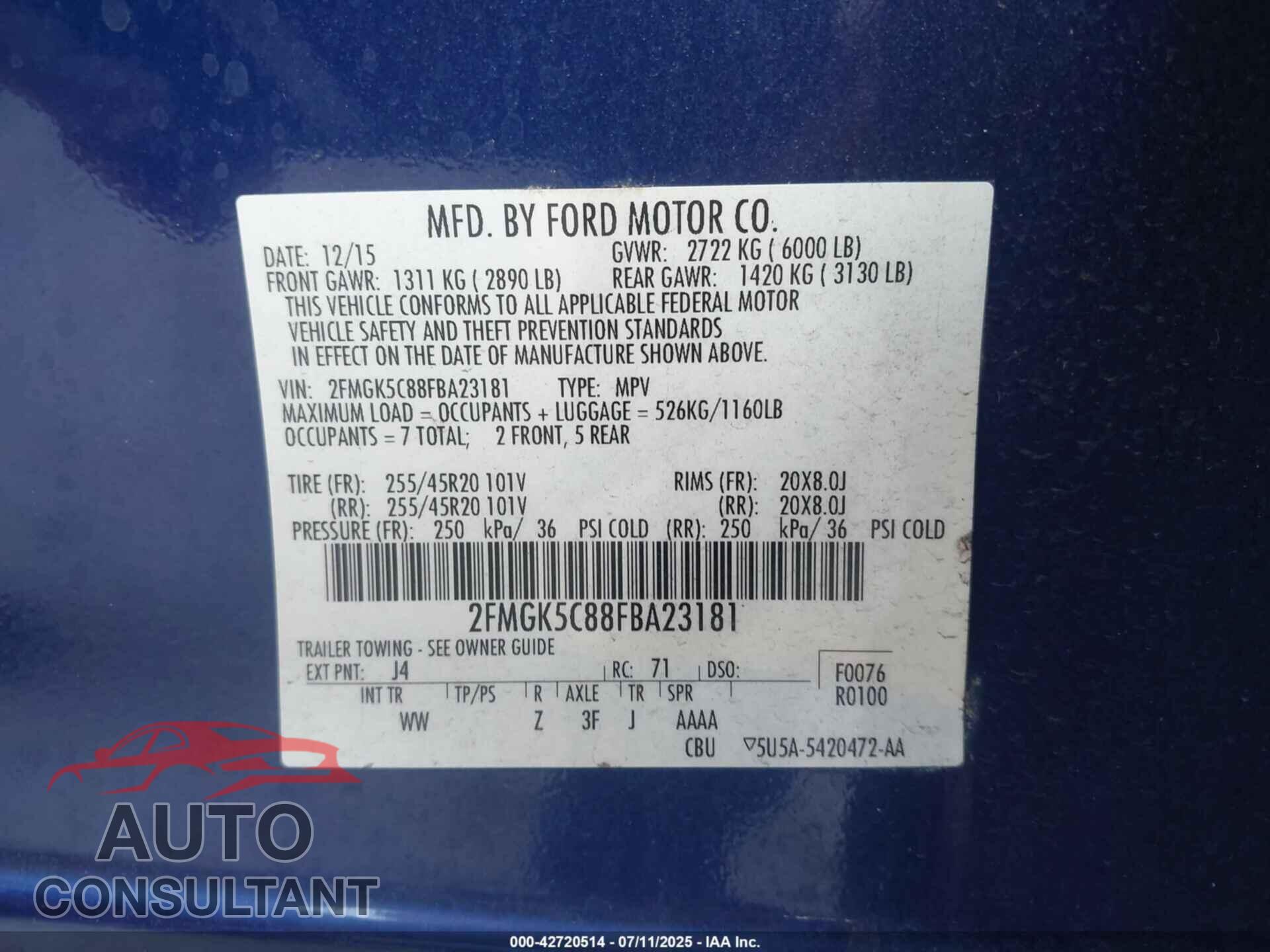 FORD FLEX 2015 - 2FMGK5C88FBA23181