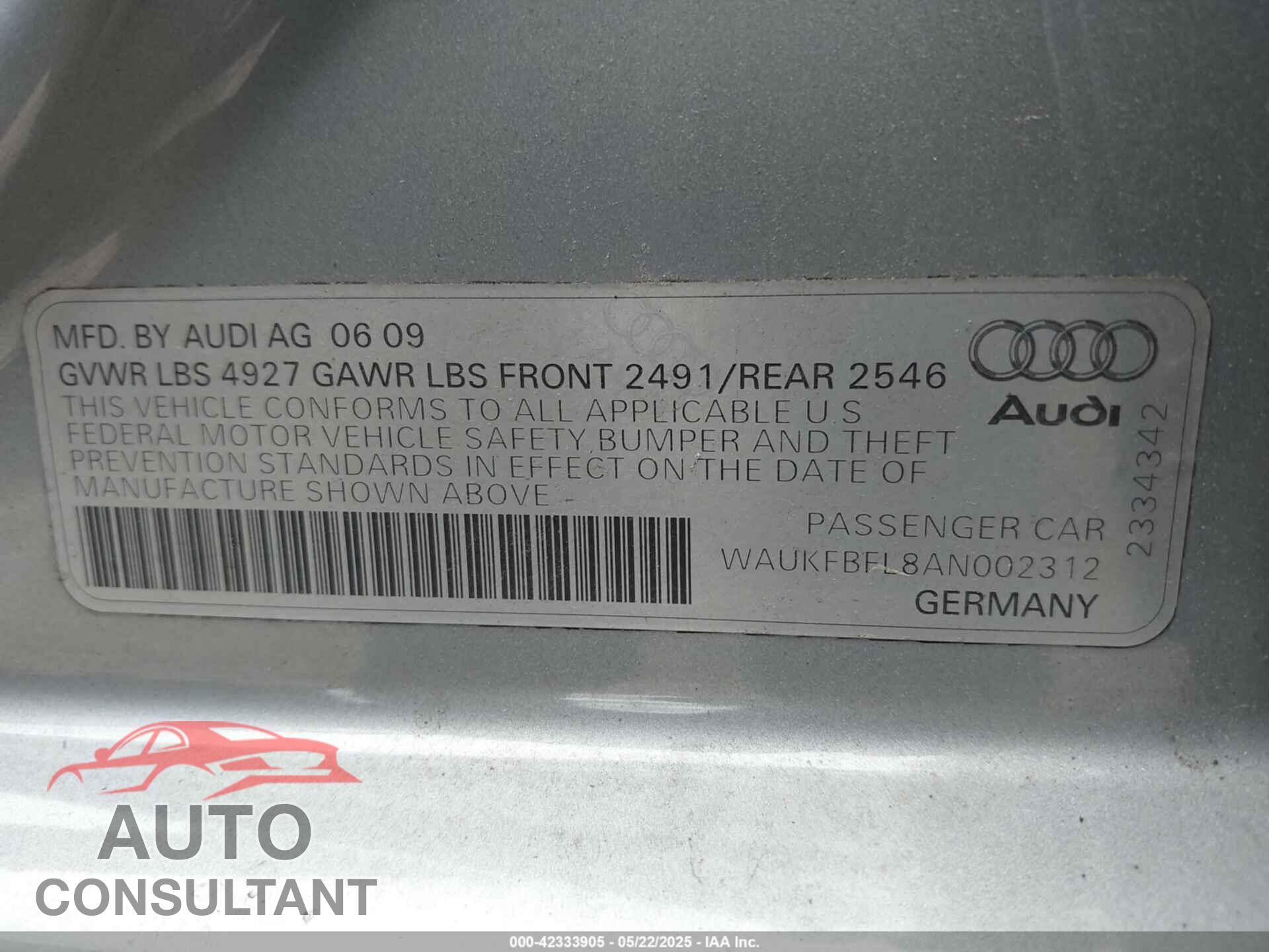 AUDI A4 2010 - WAUKFBFL8AN002312