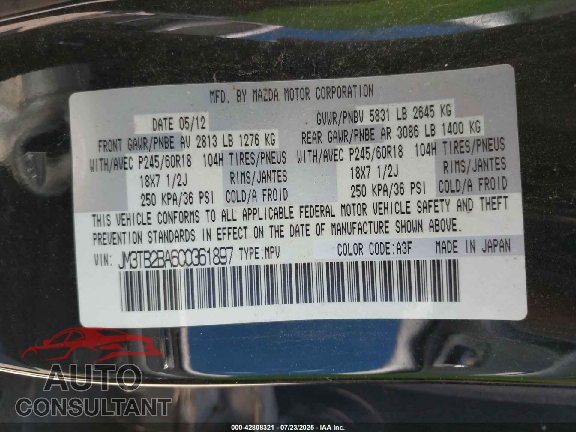 MAZDA CX-9 2012 - JM3TB2BA6C0361897