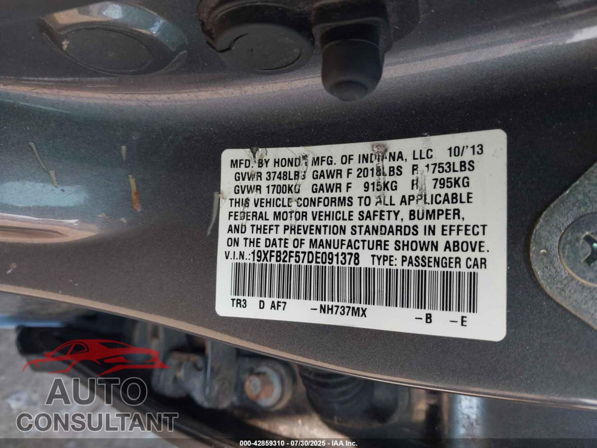 HONDA CIVIC 2013 - 19XFB2F57DE091378