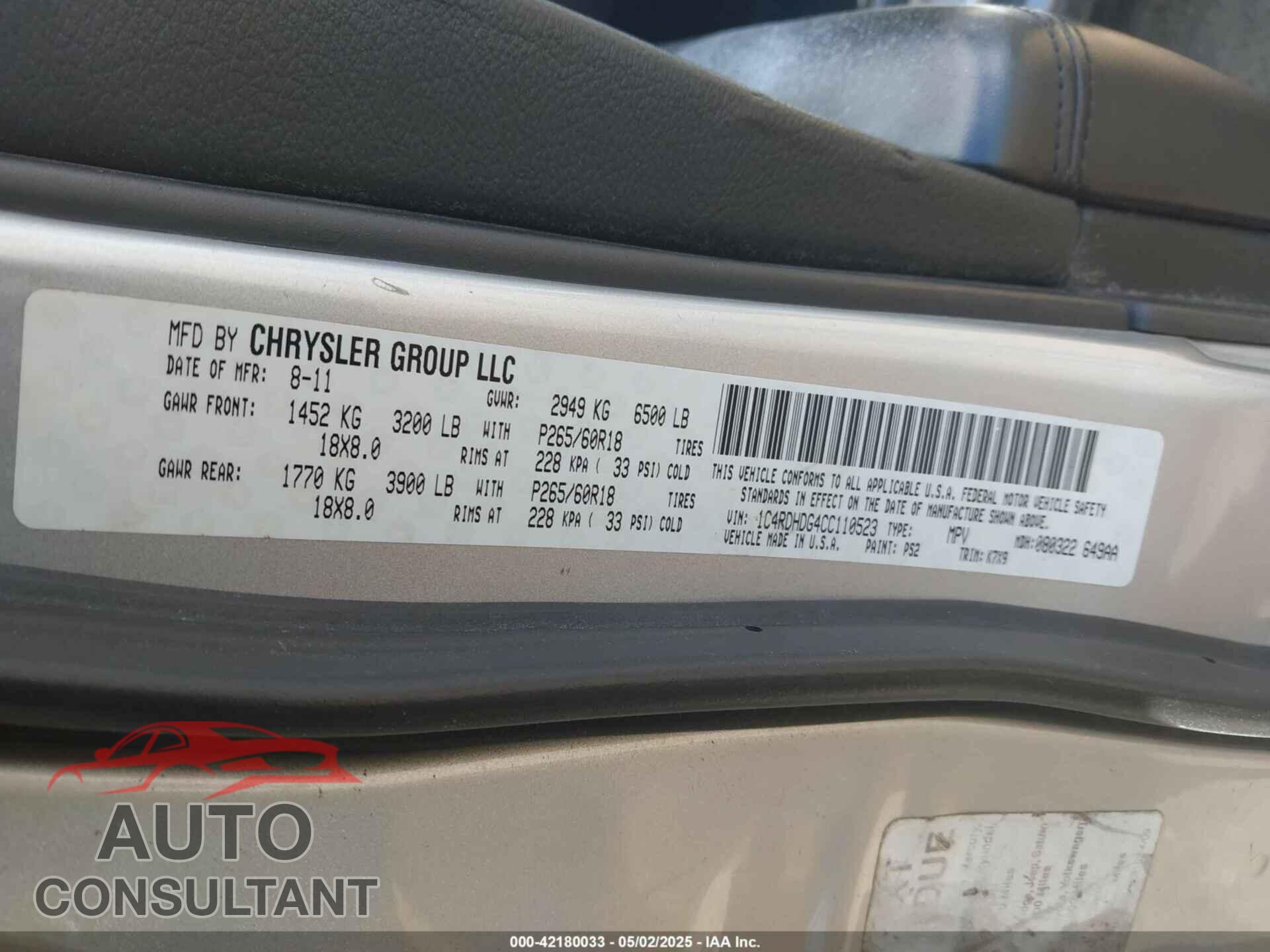 DODGE DURANGO 2012 - 1C4RDHDG4CC110523