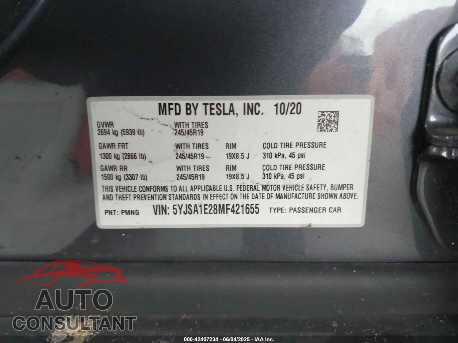 TESLA MODEL S 2021 - 5YJSA1E28MF421655