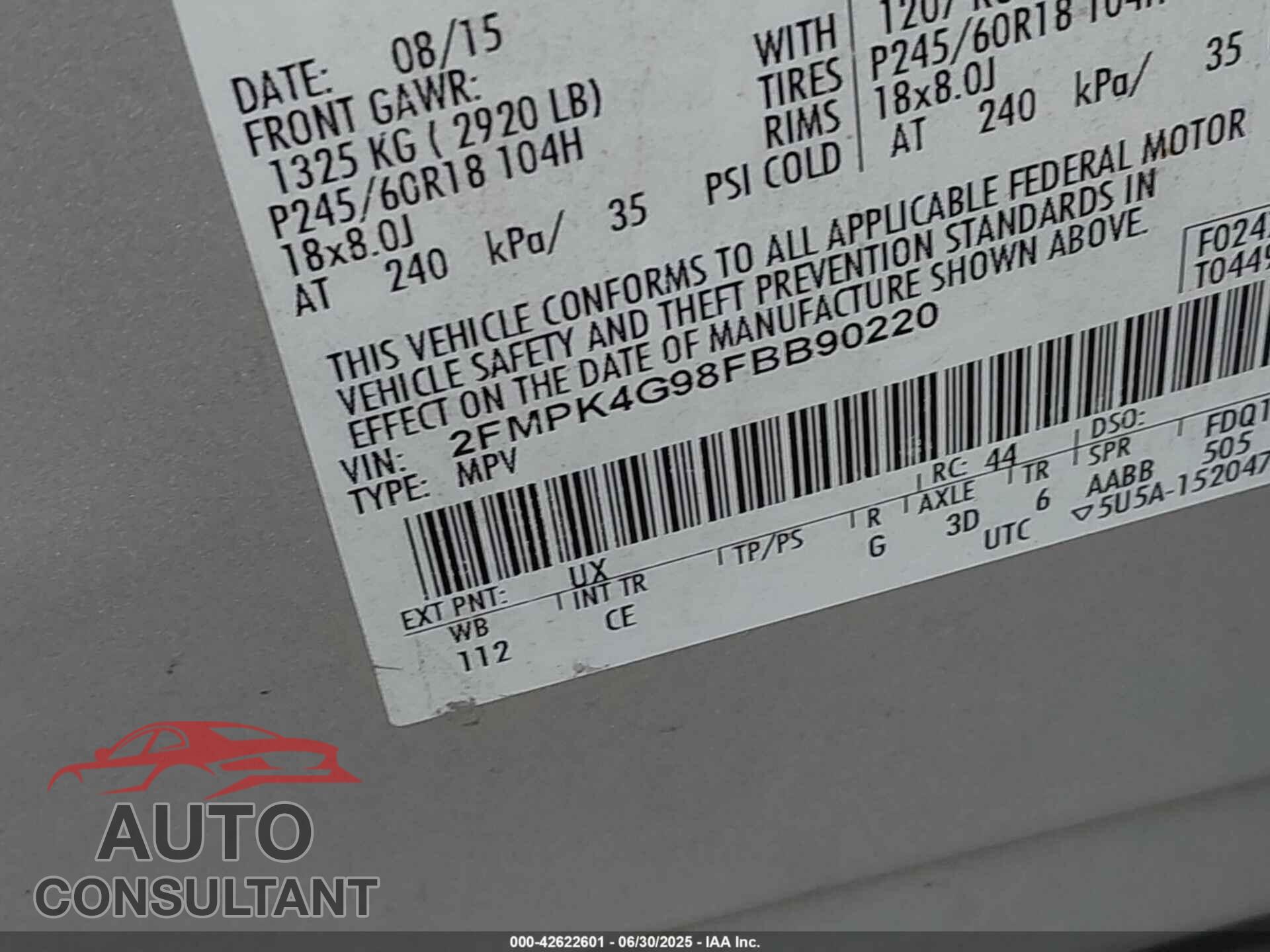 FORD EDGE 2015 - 2FMPK4G98FBB90220