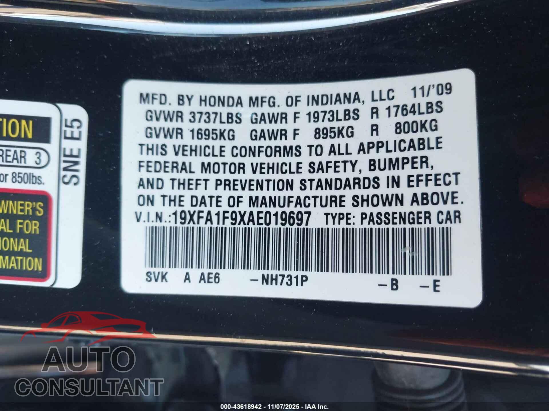 HONDA CIVIC 2010 - 19XFA1F9XAE019697