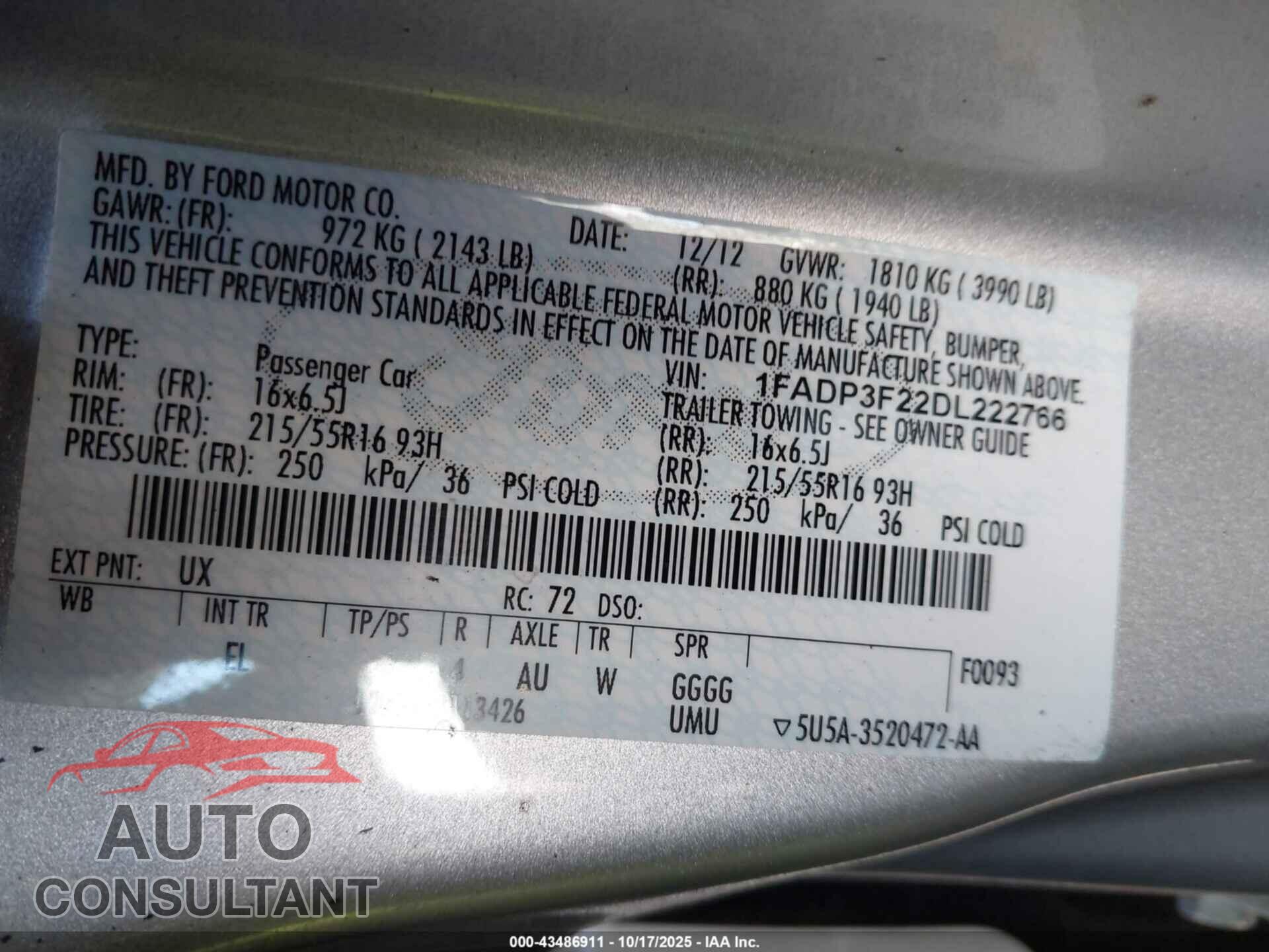 FORD FOCUS 2013 - 1FADP3F22DL222766