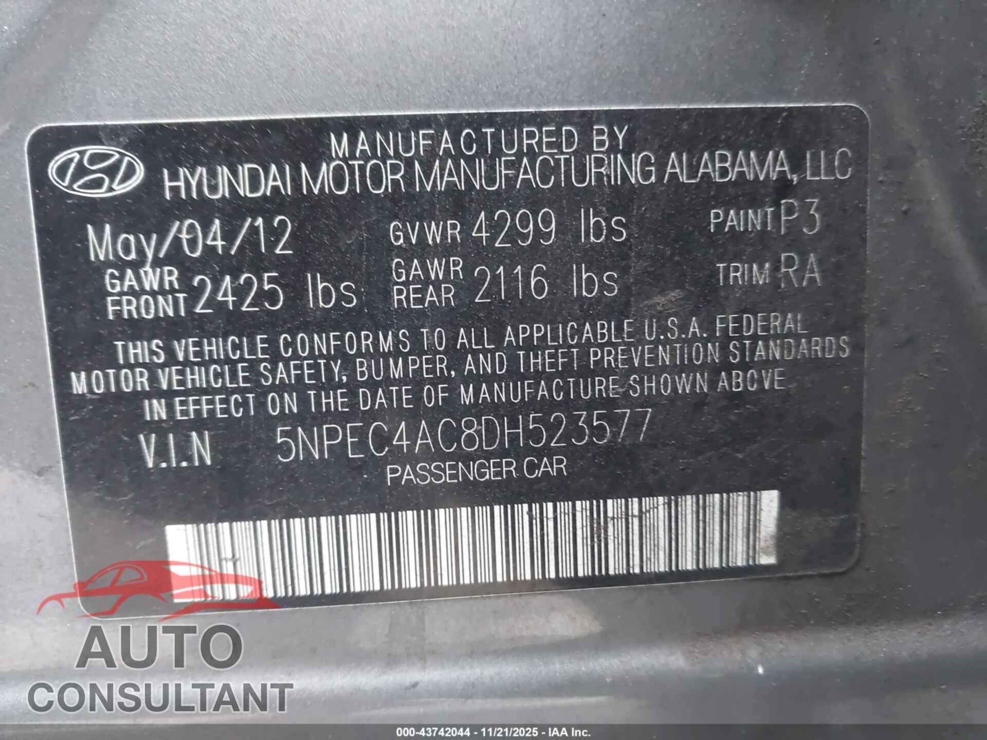 HYUNDAI SONATA 2013 - 5NPEC4AC8DH523577