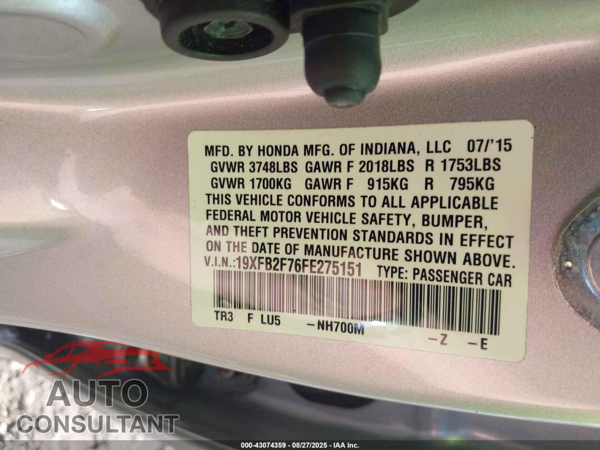 HONDA CIVIC 2015 - 19XFB2F76FE275151
