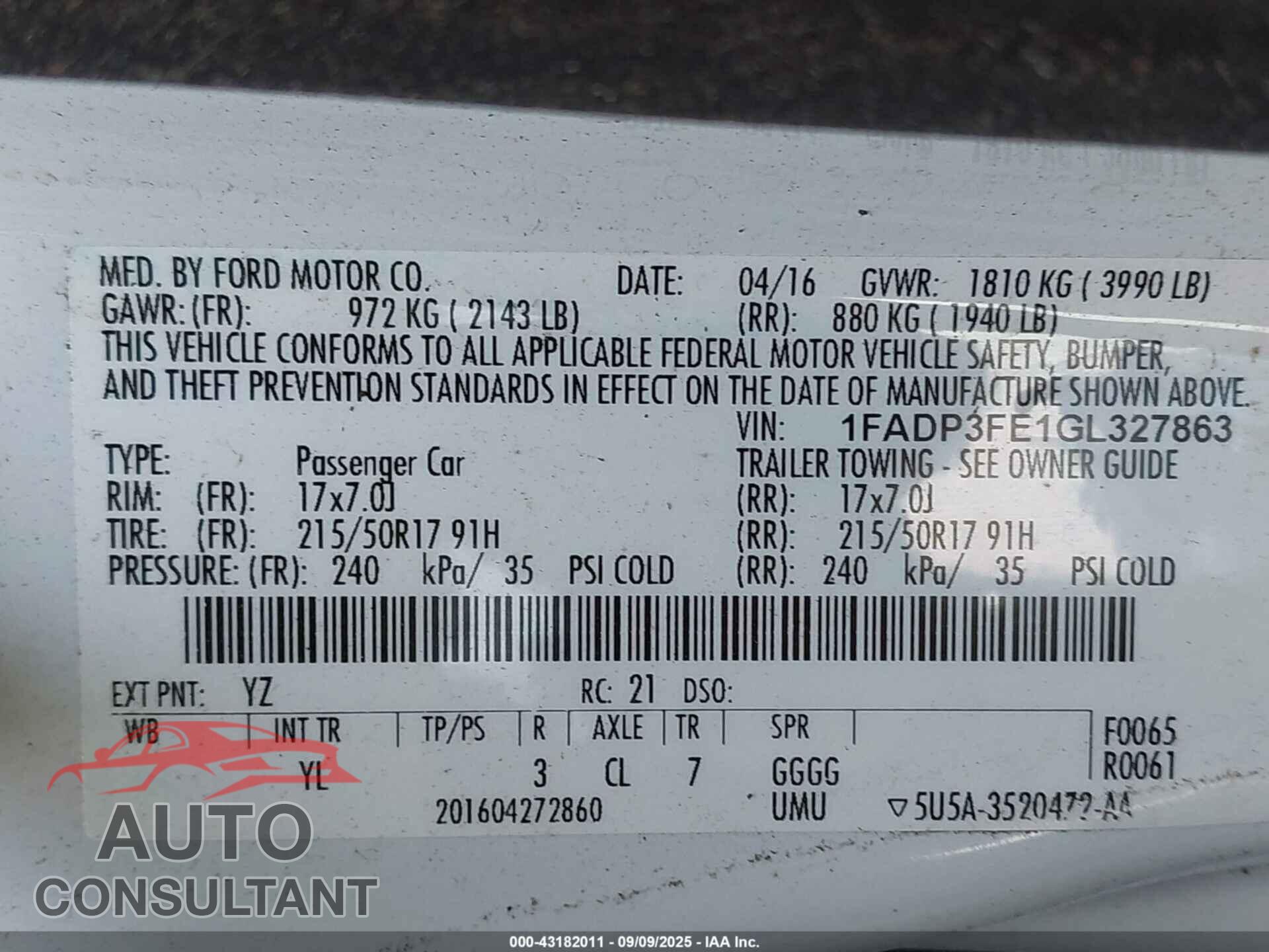 FORD FOCUS 2016 - 1FADP3FE1GL327863