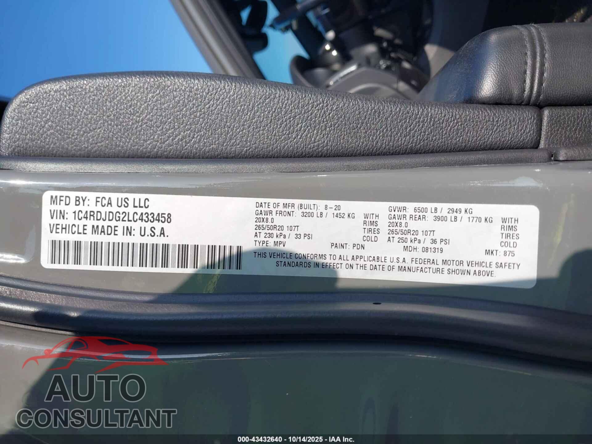 DODGE DURANGO 2020 - 1C4RDJDG2LC433458