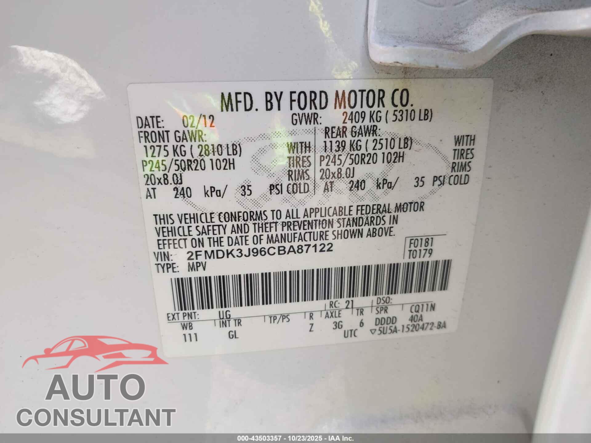 FORD EDGE 2012 - 2FMDK3J96CBA87122