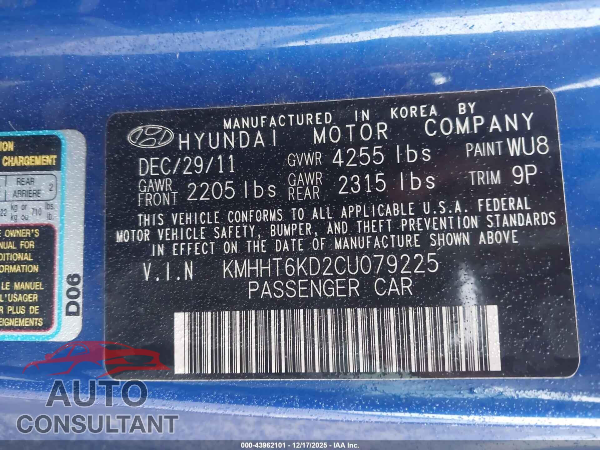 HYUNDAI GENESIS 2012 - KMHHT6KD2CU079225