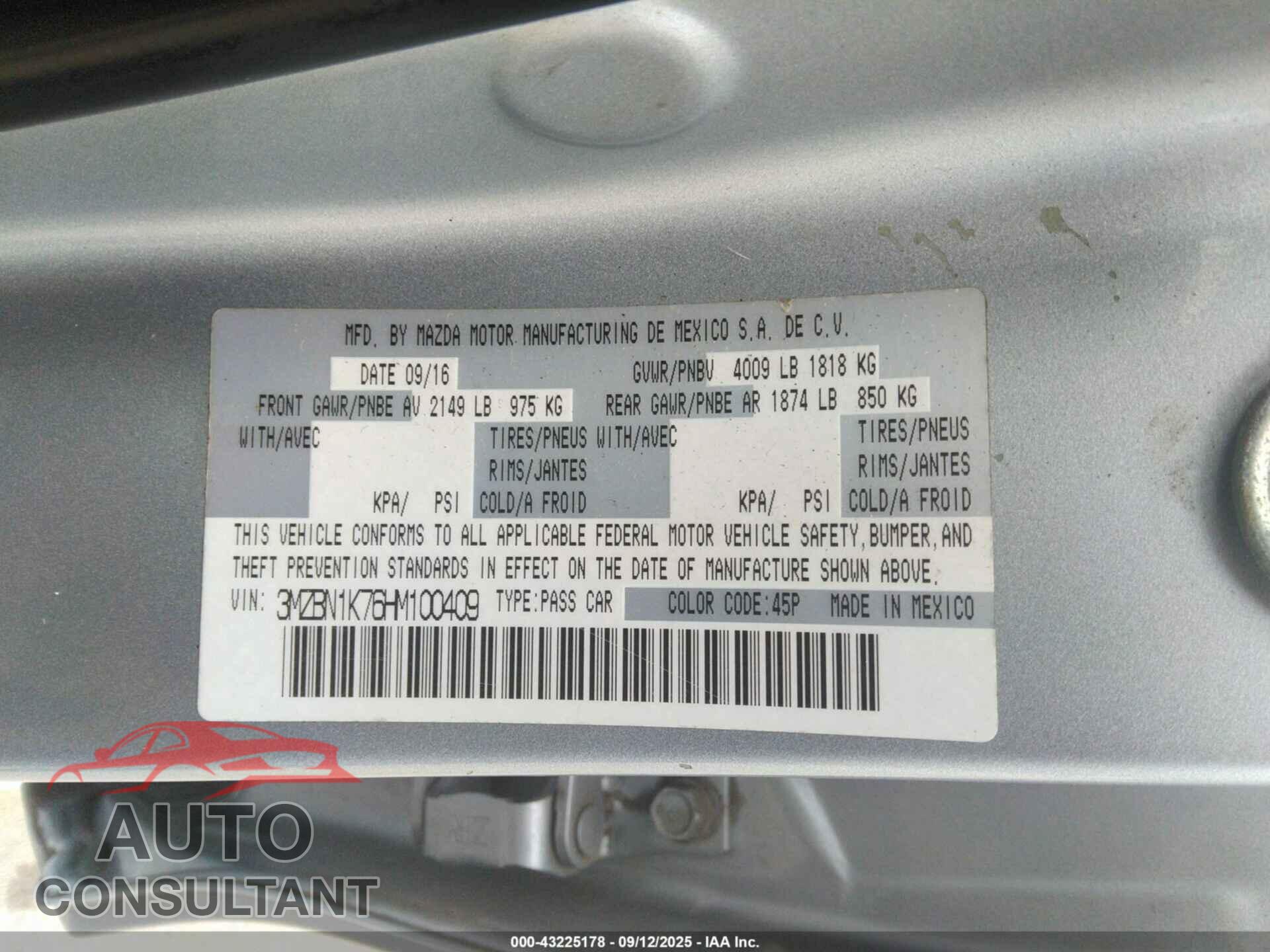 MAZDA 3 2017 - 3MZBN1K76HM100409