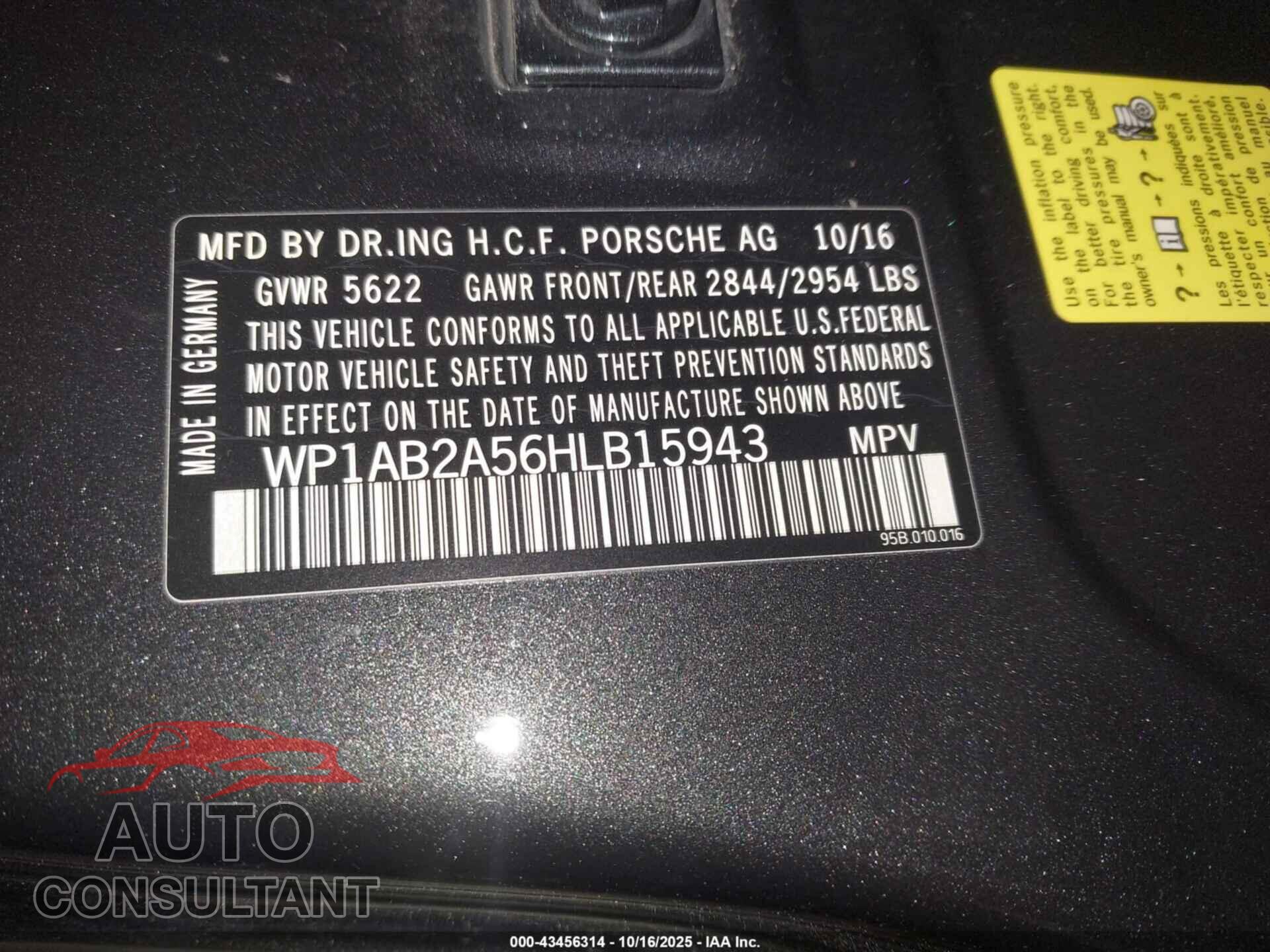 PORSCHE MACAN 2017 - WP1AB2A56HLB15943