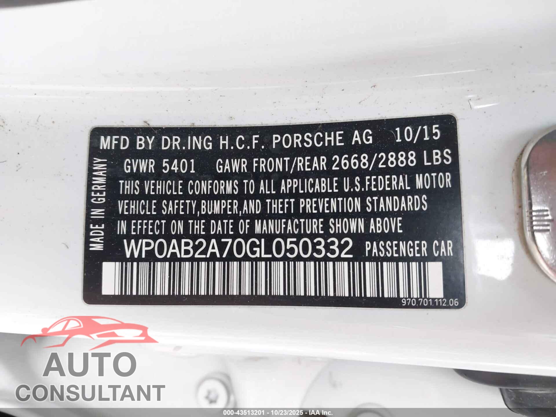 PORSCHE PANAMERA 2016 - WP0AB2A70GL050332