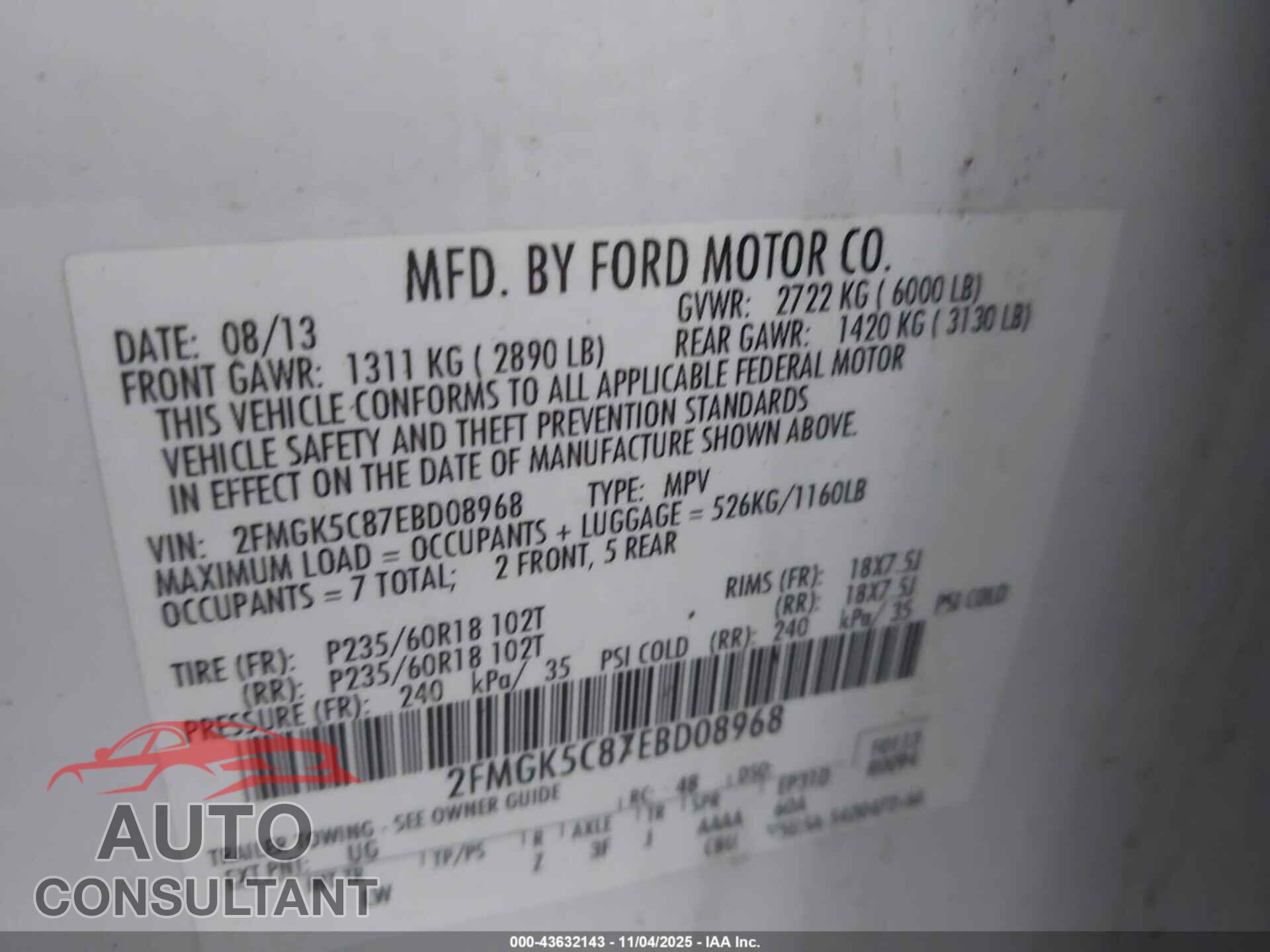 FORD FLEX 2014 - 2FMGK5C87EBD08968