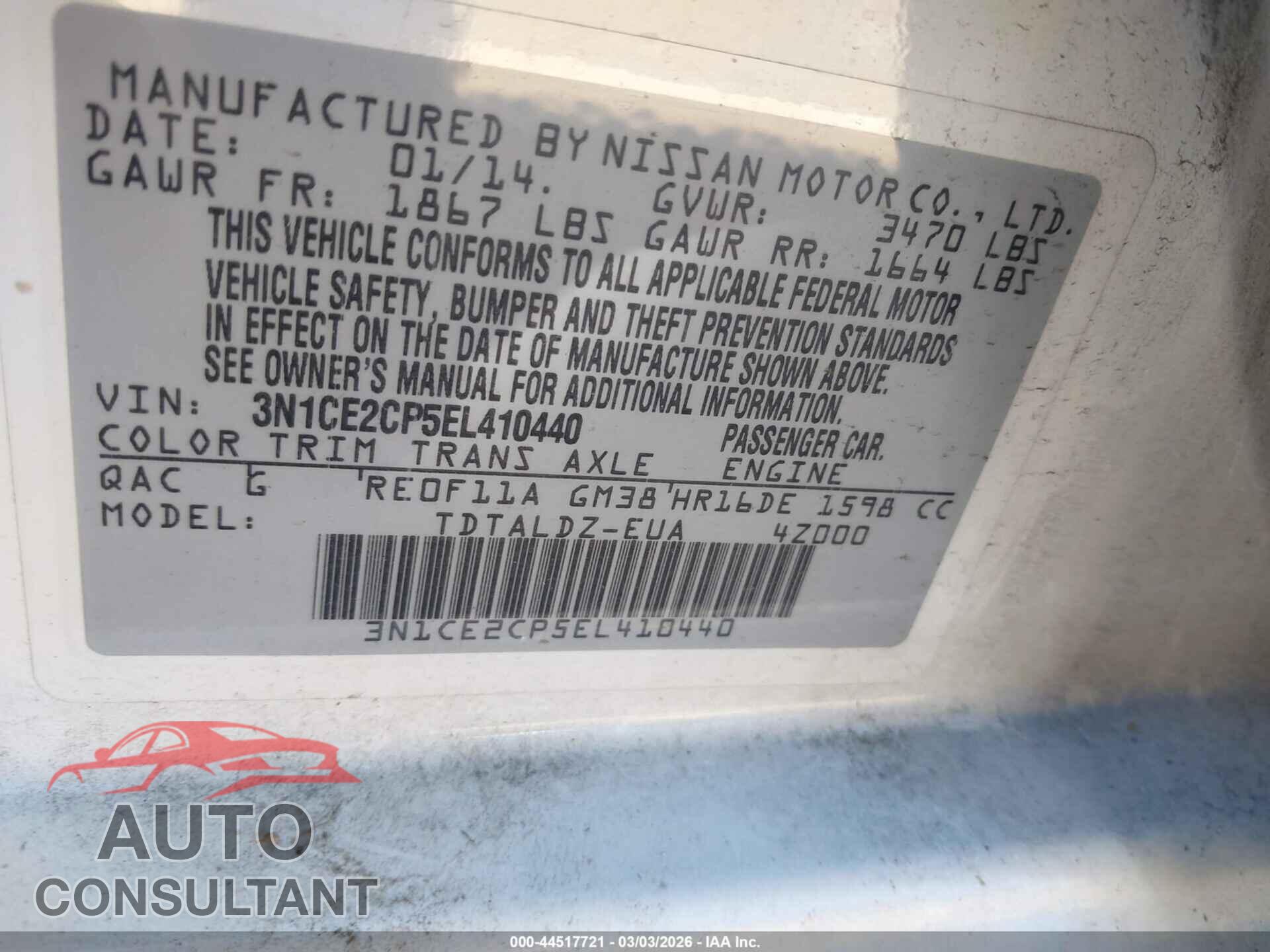 NISSAN VERSA NOTE 2014 - 3N1CE2CP5EL410440
