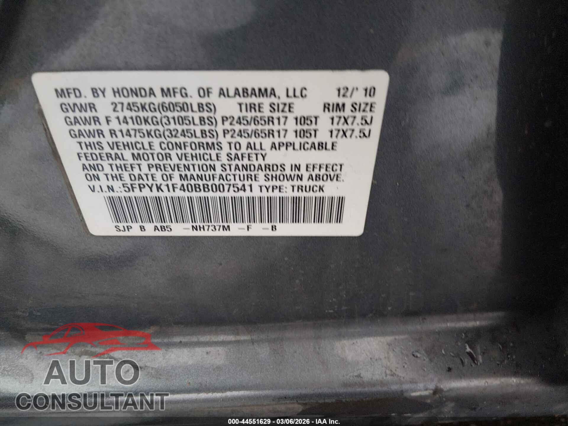 HONDA RIDGELINE 2011 - 5FPYK1F40BB007541