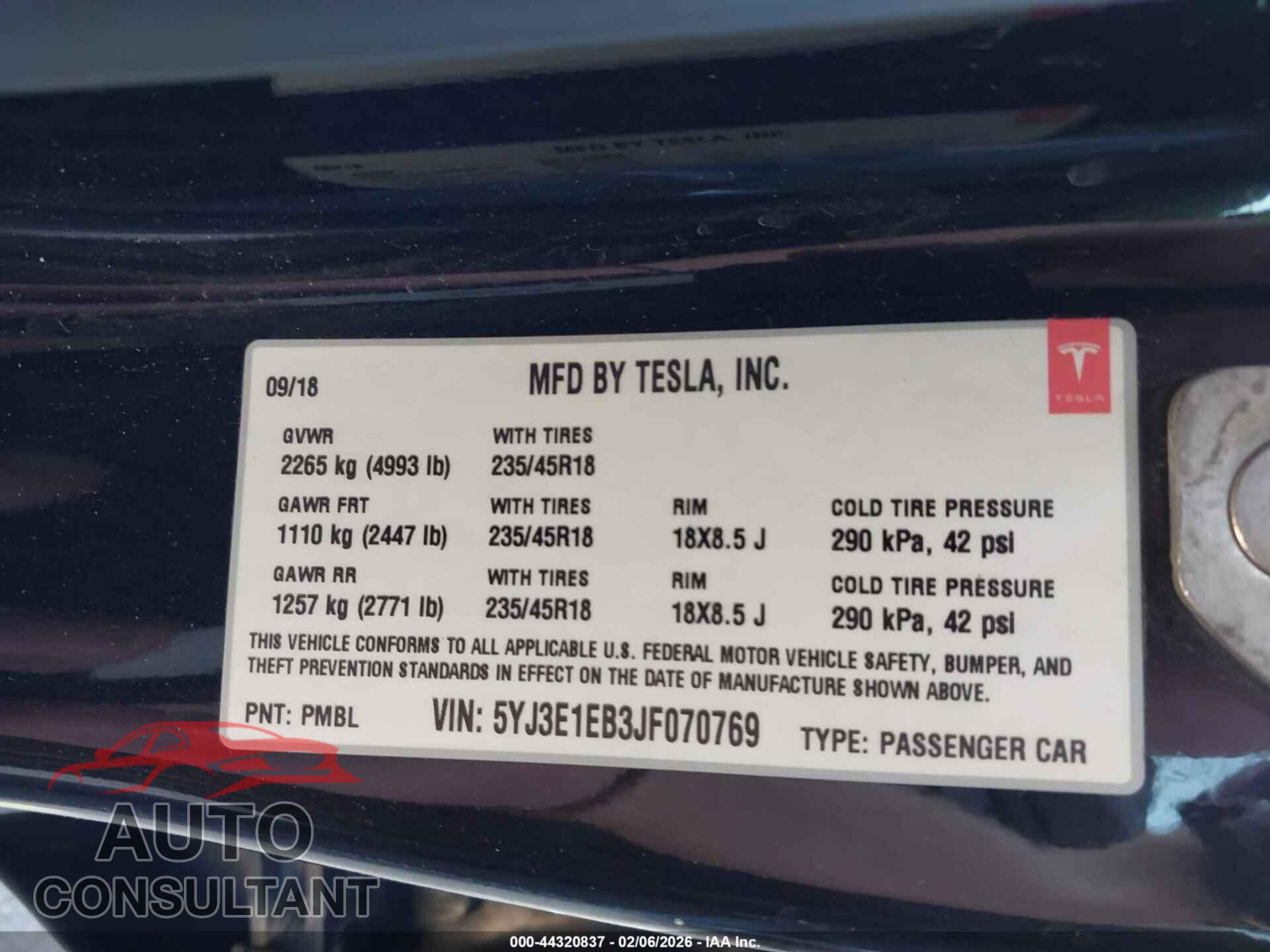 TESLA MODEL 3 2018 - 5YJ3E1EB3JF070769