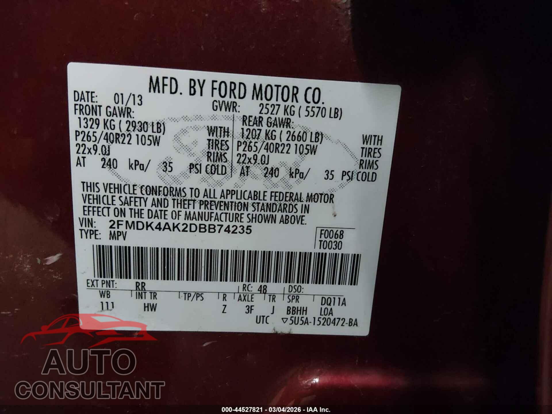 FORD EDGE 2013 - 2FMDK4AK2DBB74235