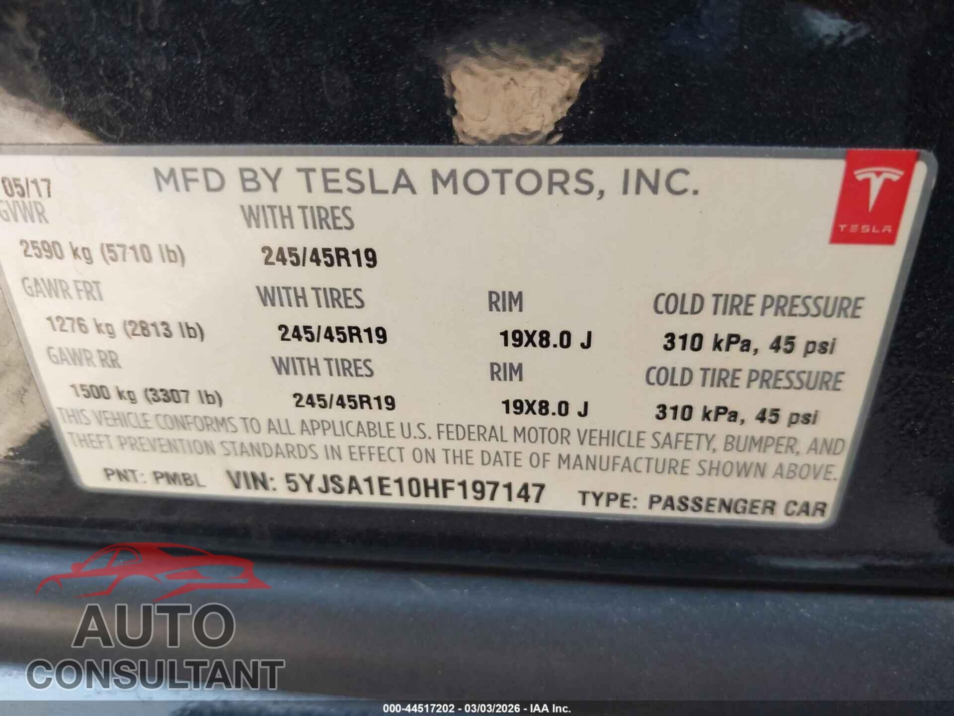 TESLA MODEL S 2017 - 5YJSA1E10HF197147