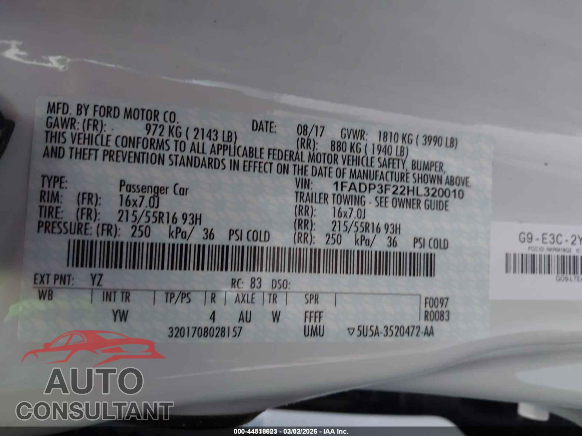 FORD FOCUS 2017 - 1FADP3F22HL320010